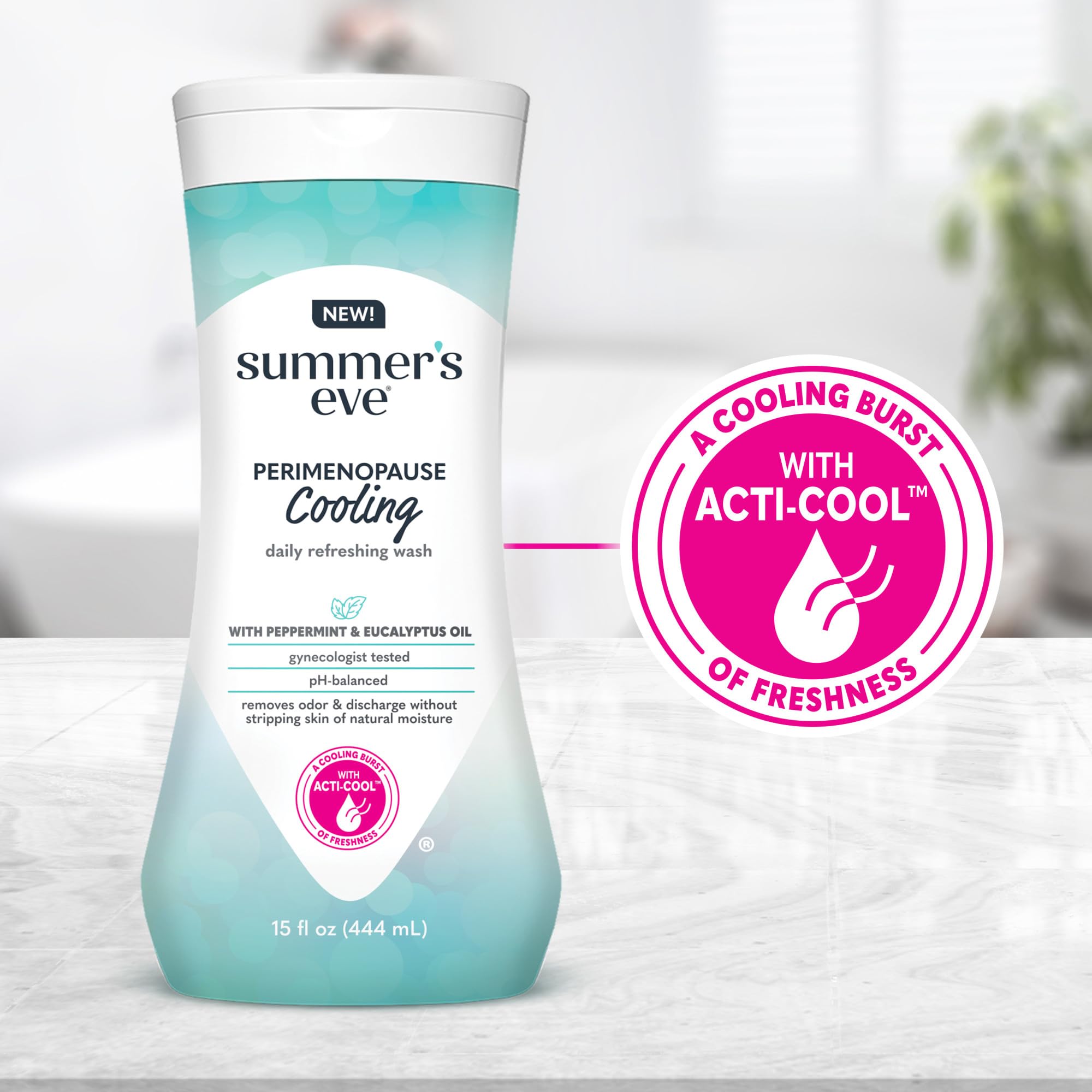 Summer's Eve Perimenopause Cooling Wash label highlights pH-balanced formula.