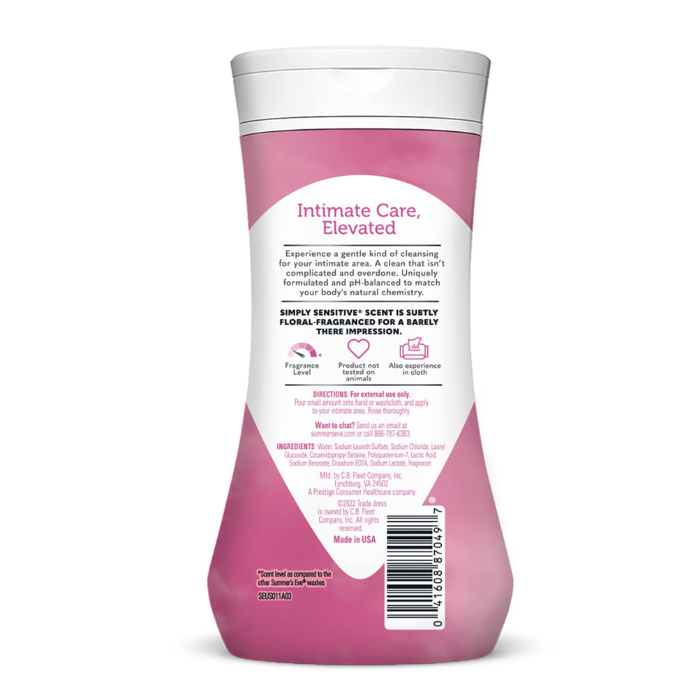 Summer's Eve Simply Sensitive daily wash on shelf communicates trusted everyday hygiene.