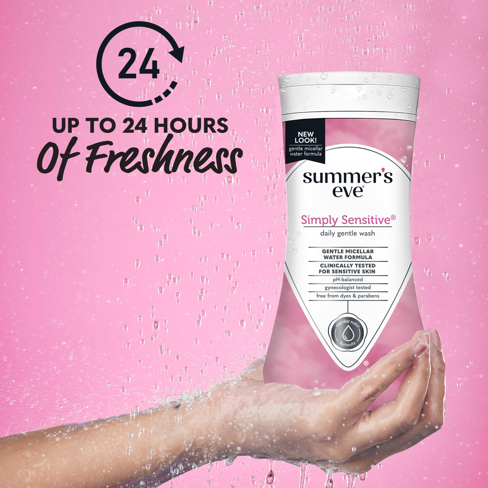 Summer's Eve Simply Sensitive daily wash pump dispenser ensures easy, controlled cleansing.