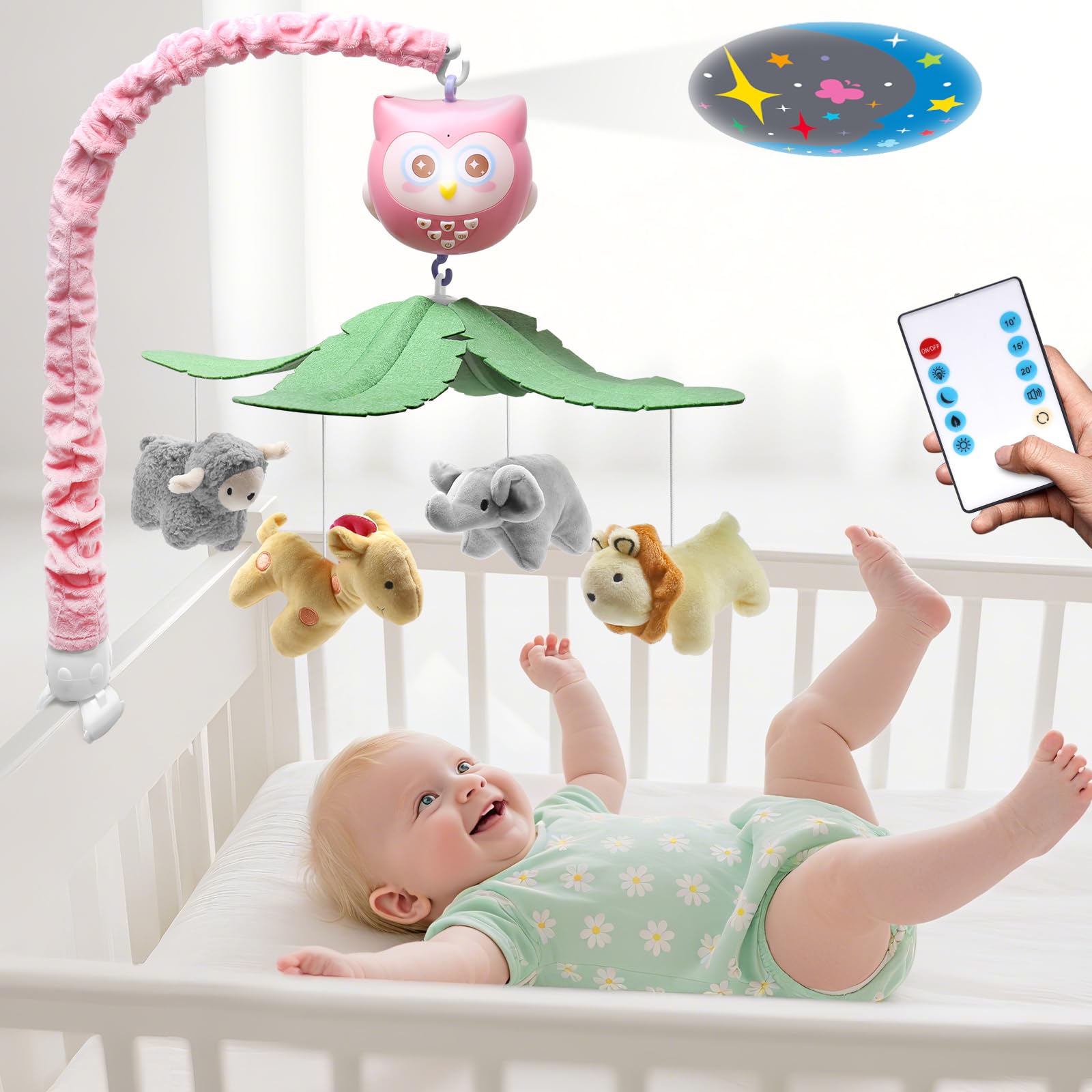 SUMWE baby crib mobile with music and lights for soothing infants.