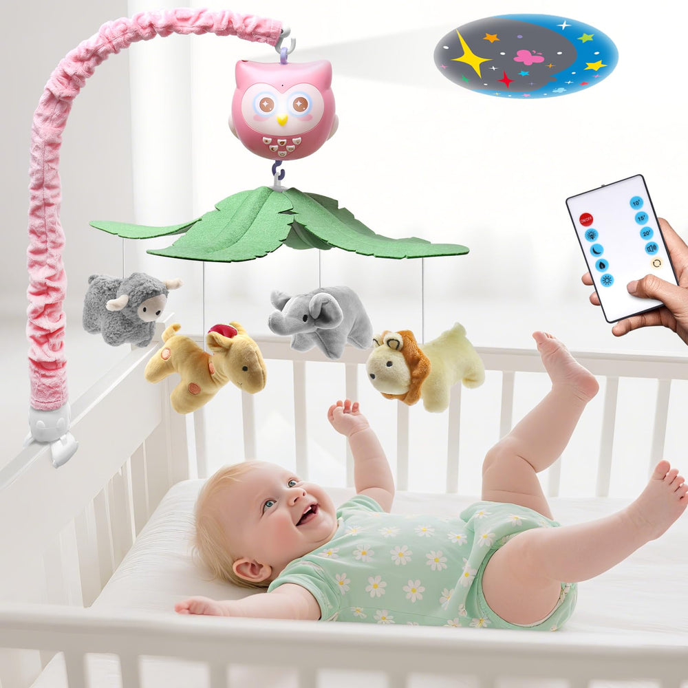 SUMWE baby crib mobile with music and lights for soothing infants.
