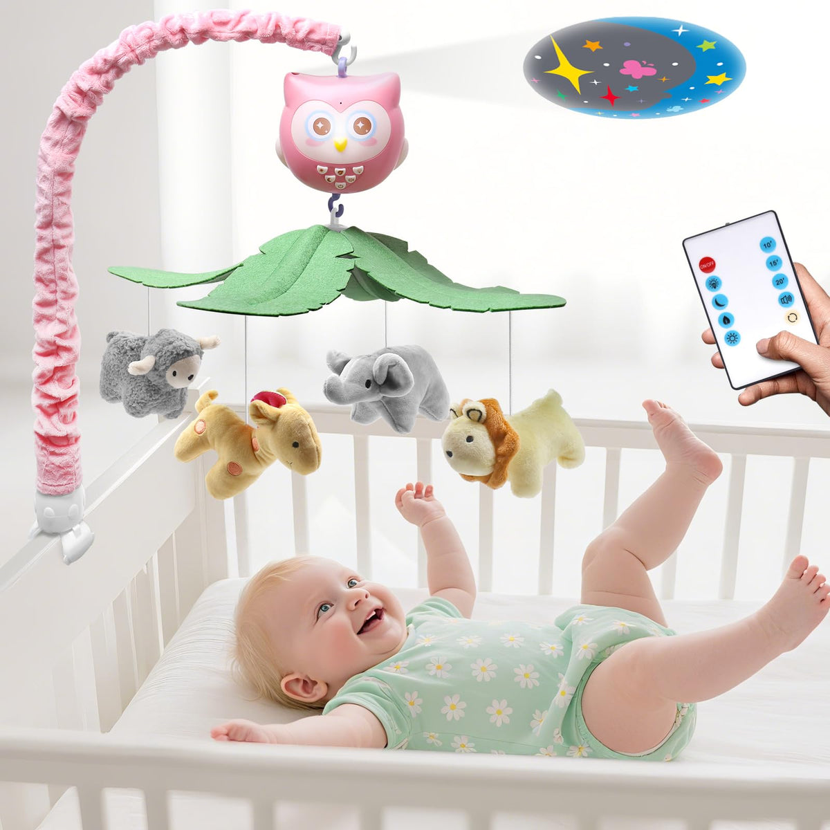 SUMWE baby crib mobile with music and lights for soothing infants.
