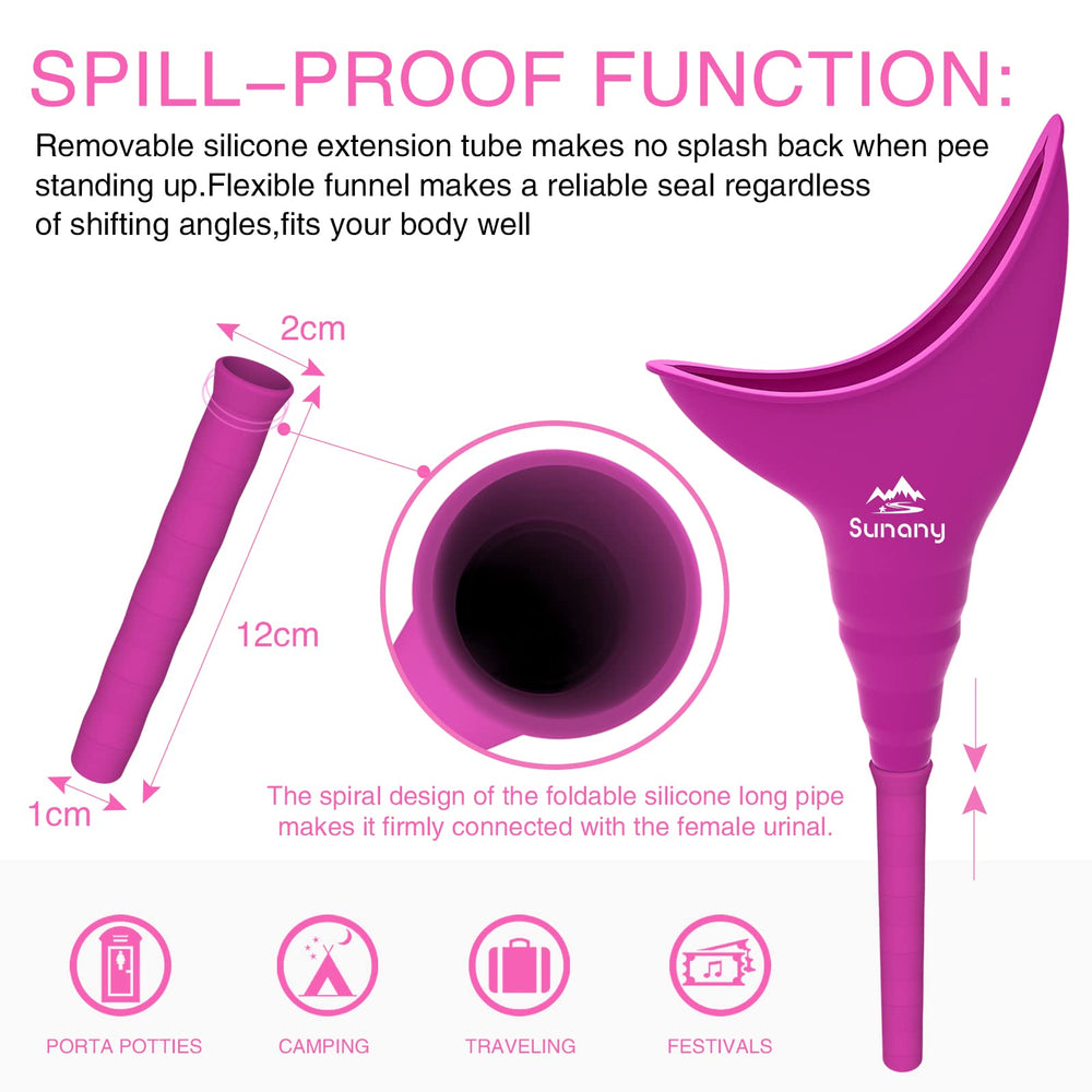 Sunany urinal with long spout enables precise aiming and minimal splash.