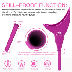Sunany urinal with long spout enables precise aiming and minimal splash.