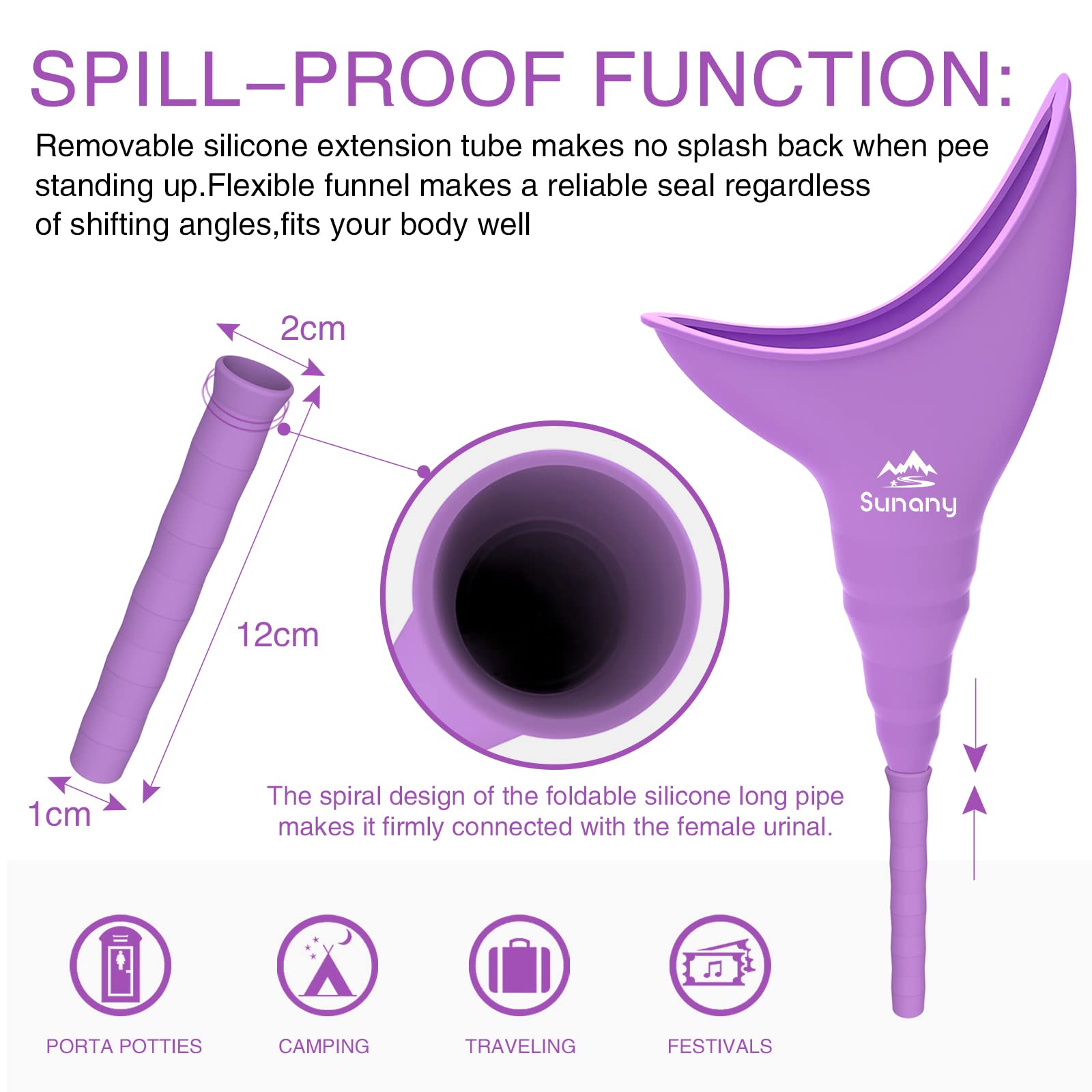 Sunany womens urinal with long spout for precise aim and splash-free use.
