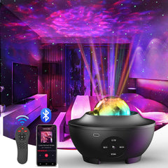 Sunbox Star Projector creates a galaxy bedroom setup with soft ambient light.