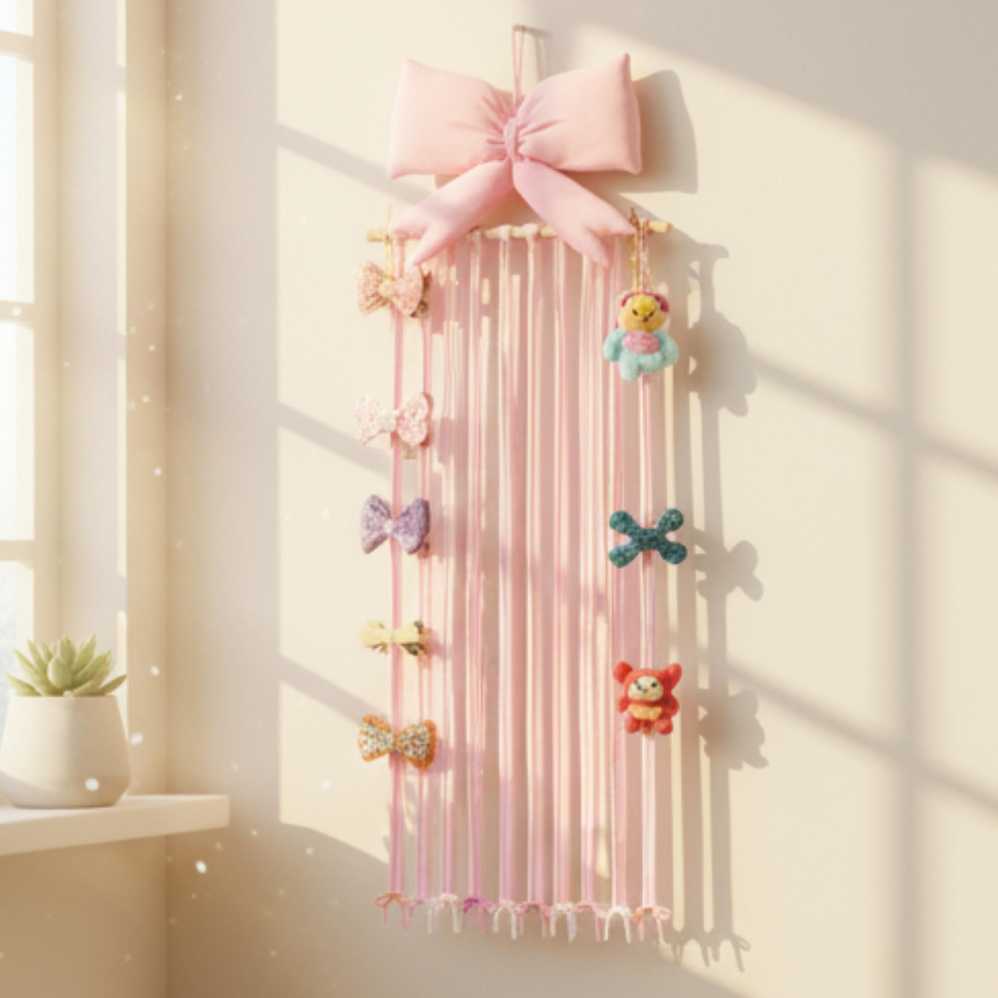 Suncalla decorative bow holder brightens a girl's room while organizing accessories.