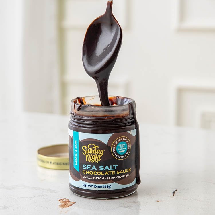 SUNDAY NIGHT Sea Salt Chocolate Sauce drizzle on dessert brings depth and shine.