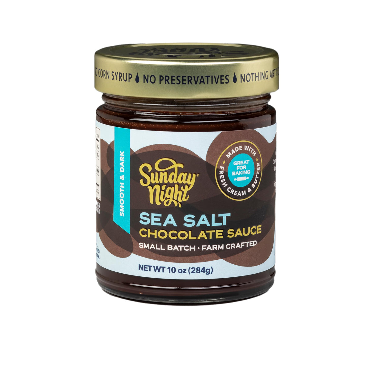 SUNDAY NIGHT Sea Salt Chocolate Sauce jar showcases gluten-free indulgence at home.