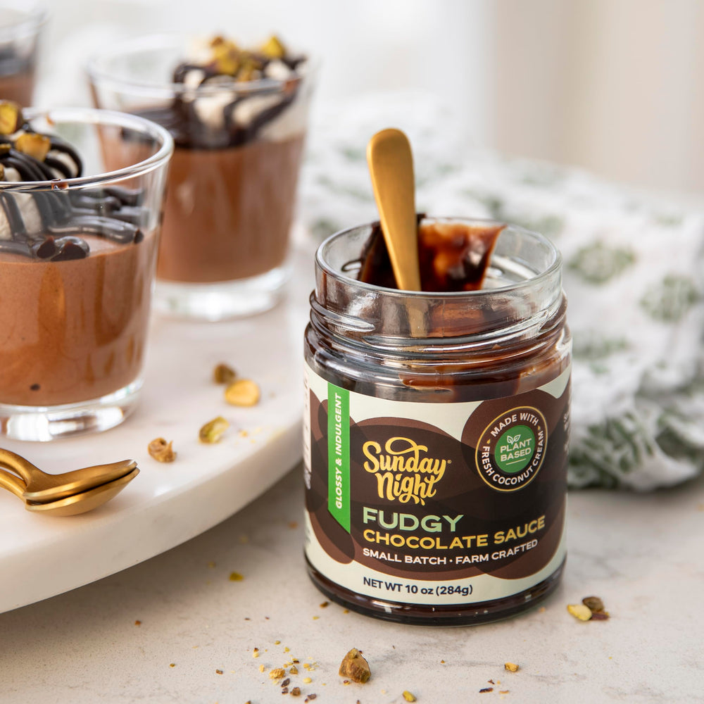 Sunday Night fudge sauce drizzle over ice cream adds a rich finish.