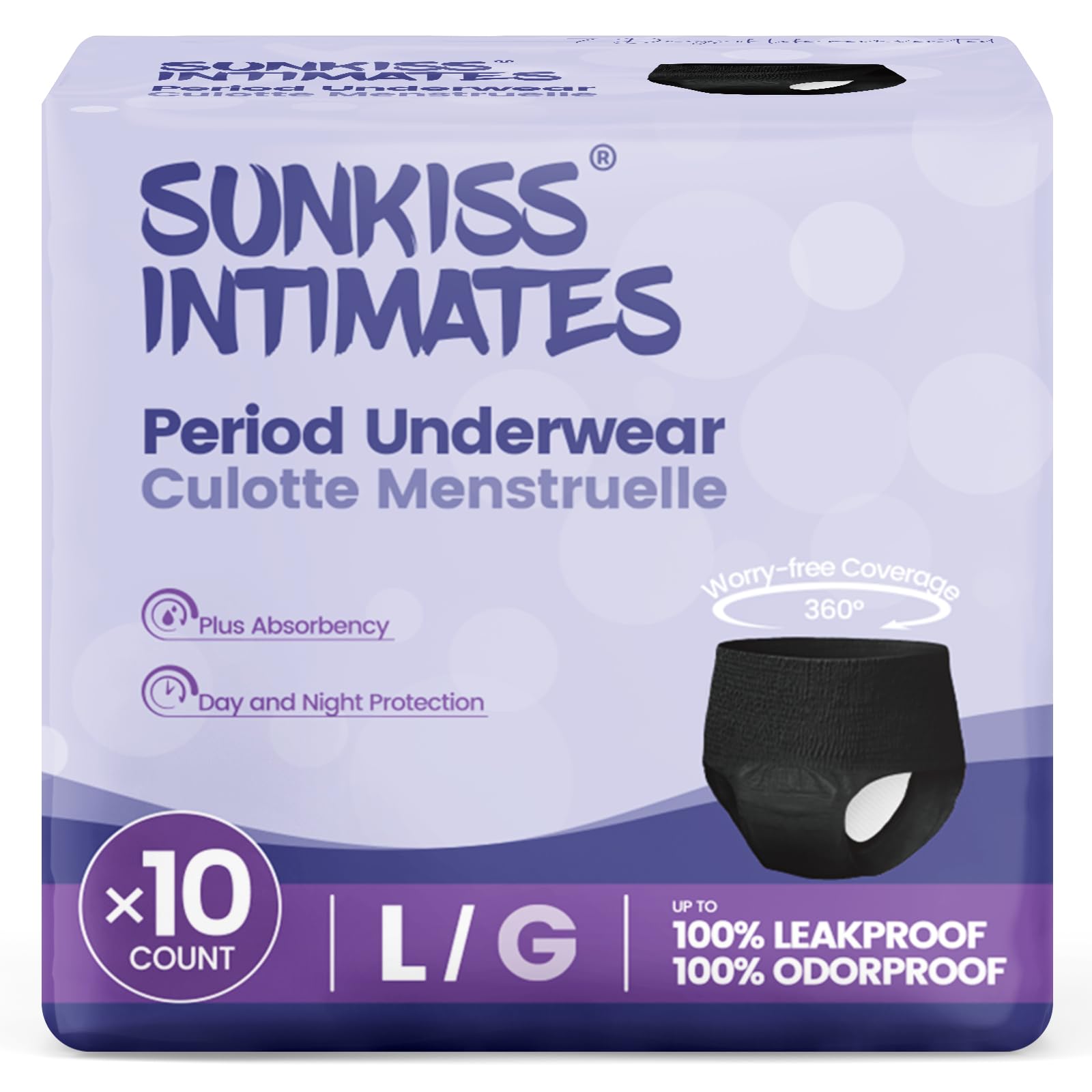 SUNKISS INTIMATES disposable period underwear in black, large size with 10-count pack for heavy flow.