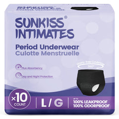 SUNKISS INTIMATES disposable period underwear in black, large size with 10-count pack for heavy flow.