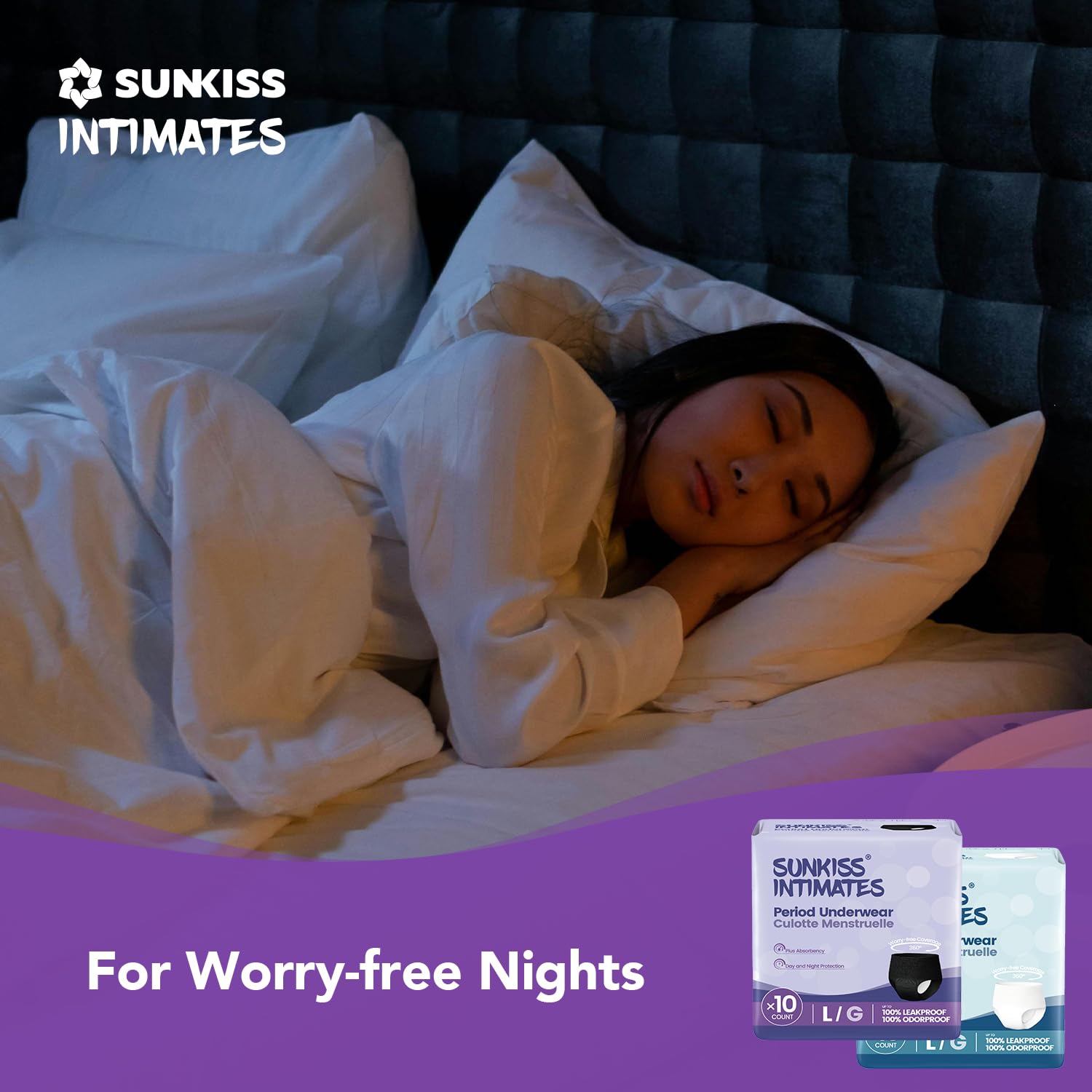 SUNKISS INTIMATES unscented underwear packaging shown for sensitive days.