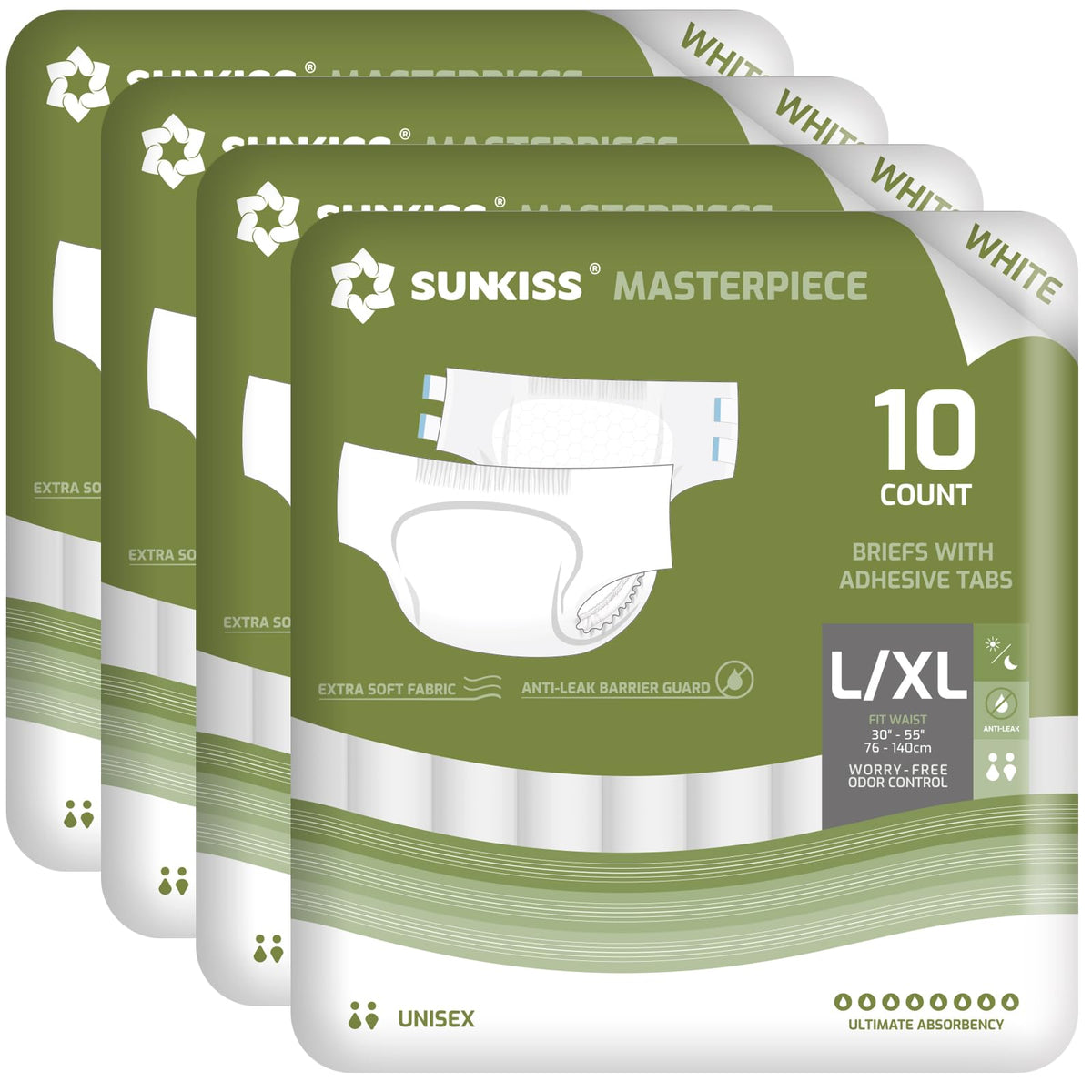 SUNKISS Masterpiece diaper front view with secure fit and comfortable wear.