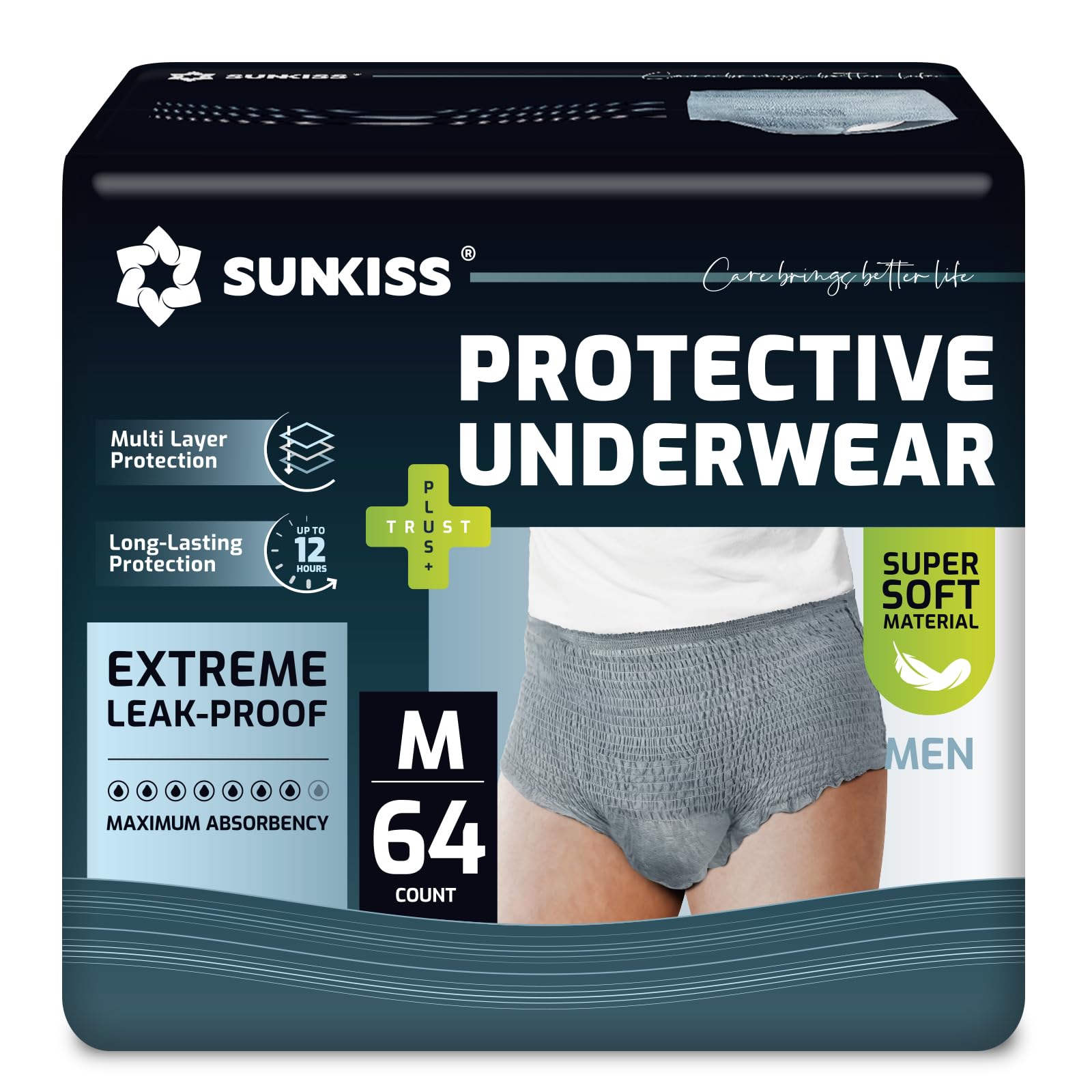 SUNKISS men's incontinence underwear with ergonomic fit for all-day comfort.