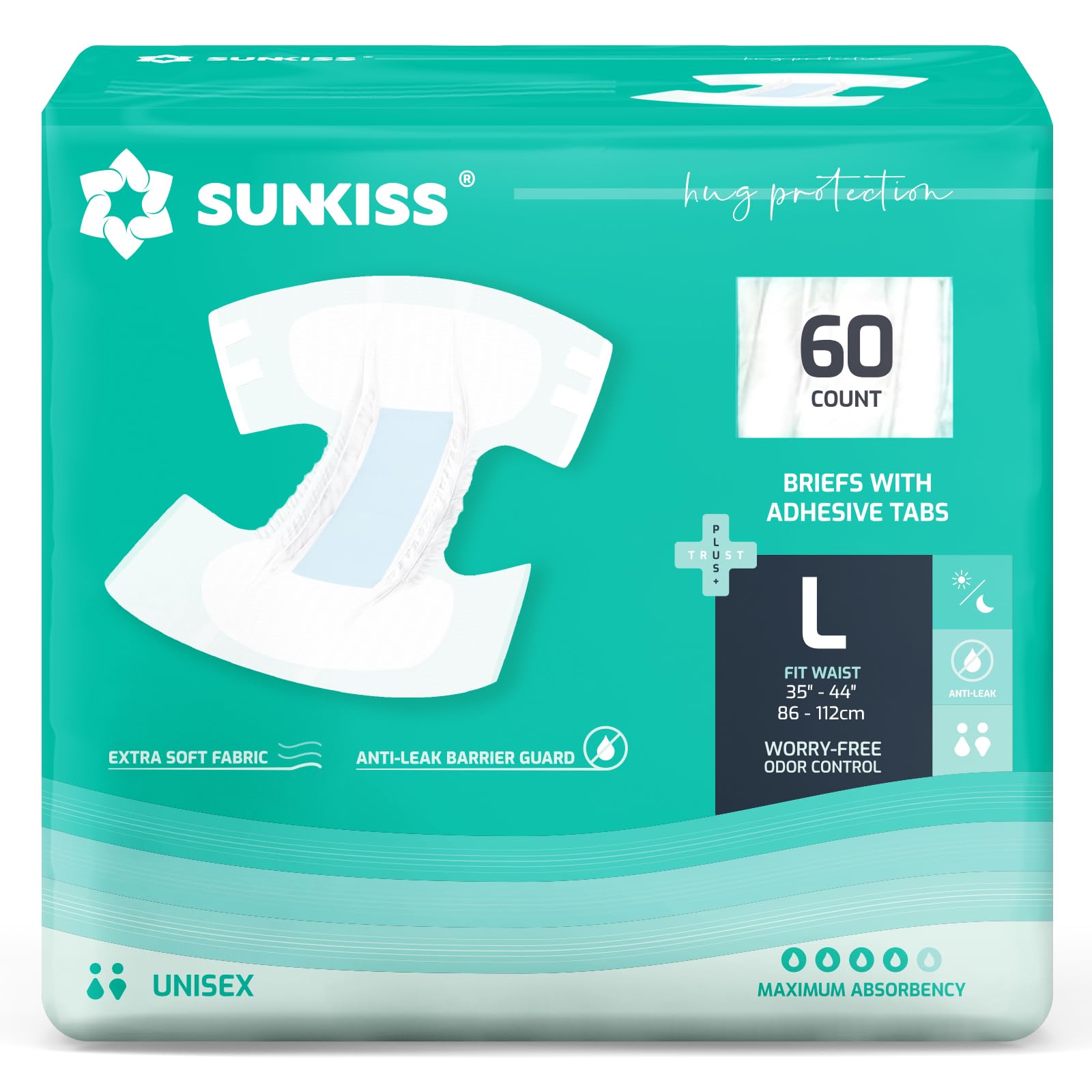 SUNKISS TrustPlus adult diaper with tabs shows secure fit and high absorbency.