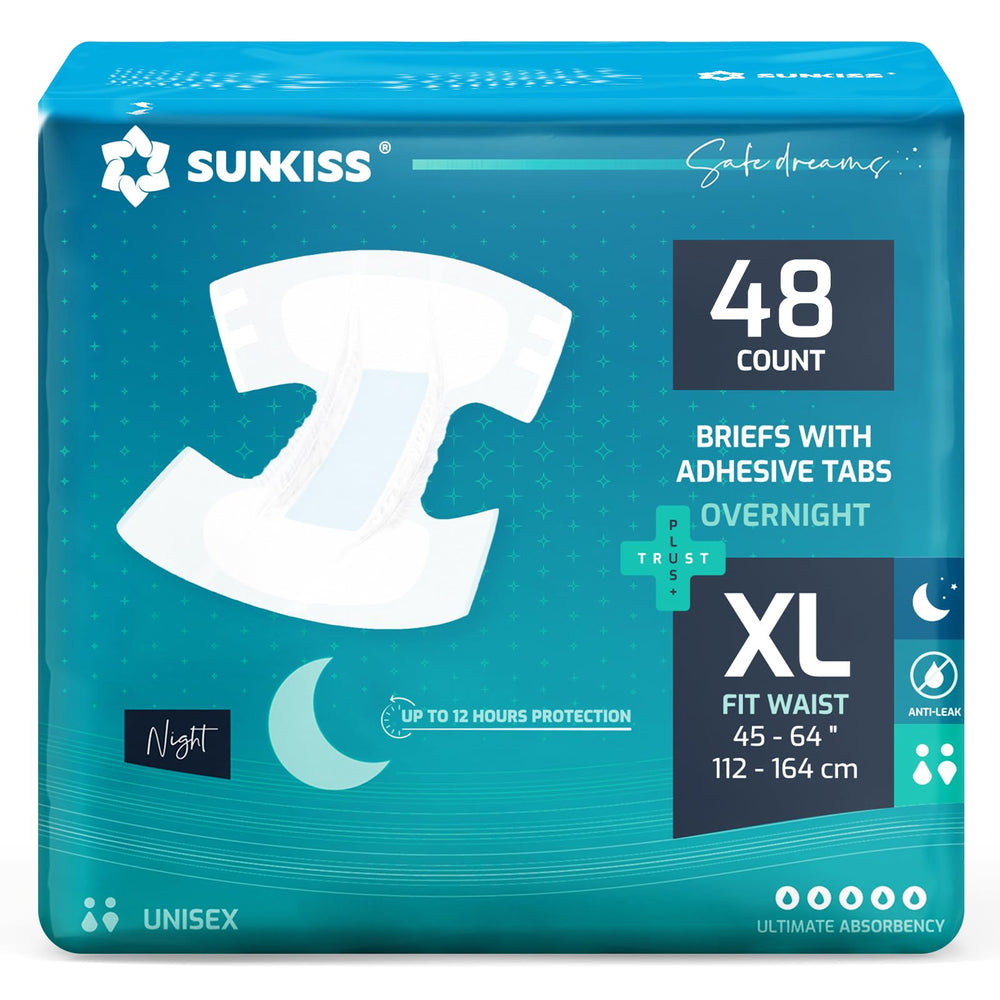 SUNKISS TrustPlus overnight diaper front view showing dual-core absorbency for night use