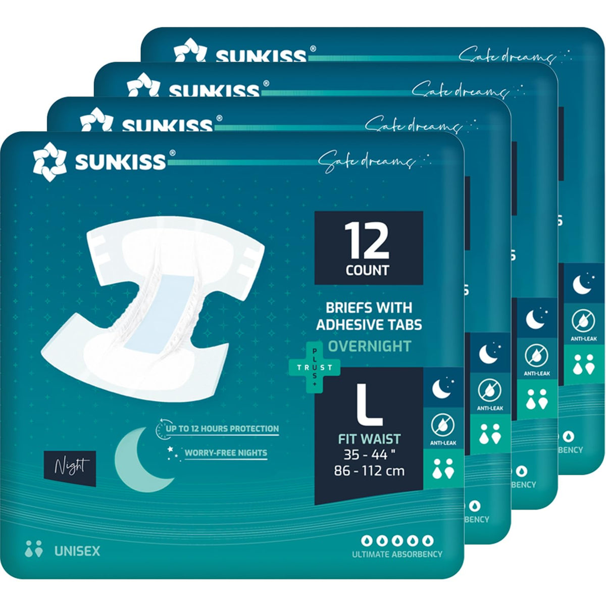 SUNKISS TrustPlus overnight diaper with tabs provides a secure night-time fit.