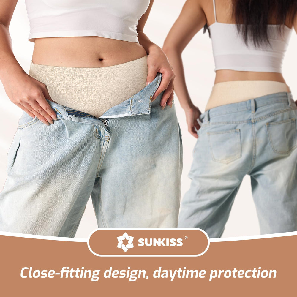 SUNKISS model wearing daytime disposable underwear demonstrates discreet protection.