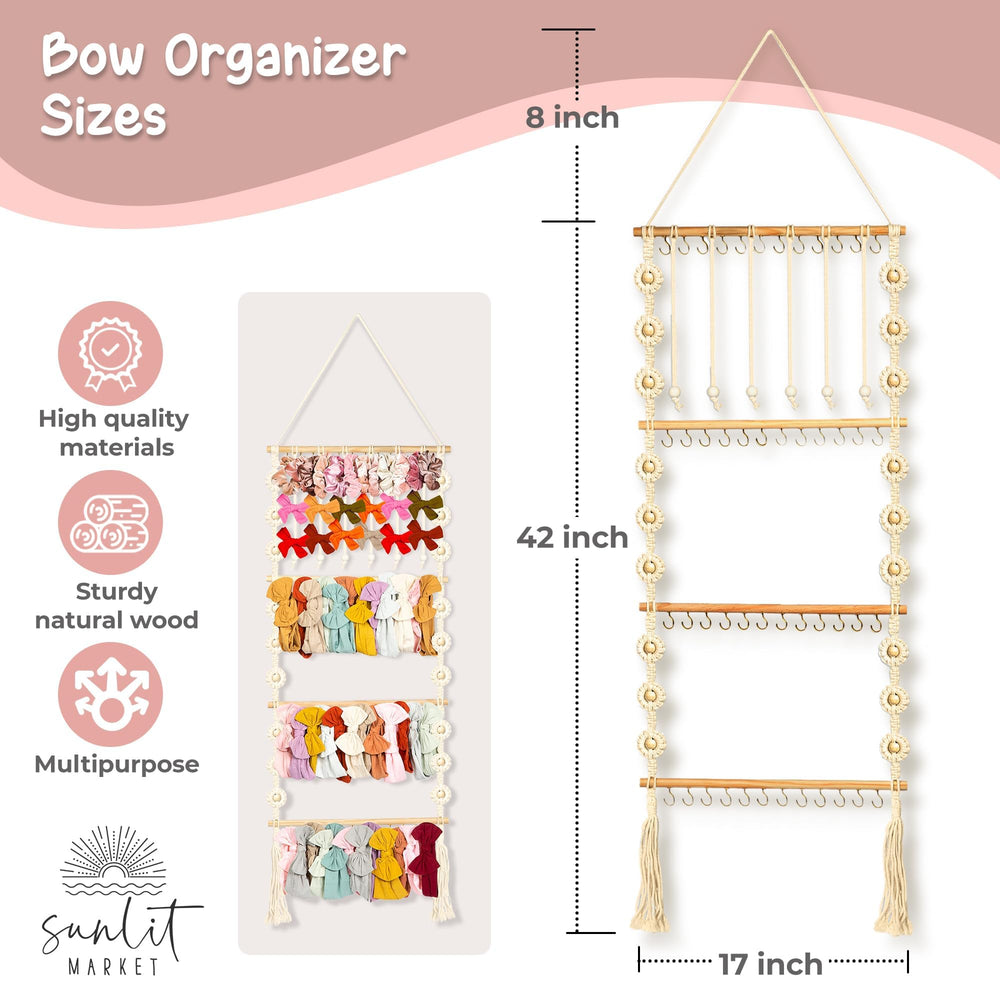 Sunlit Market baby bow organizer with wooden beads showcases outfits while protecting bows.