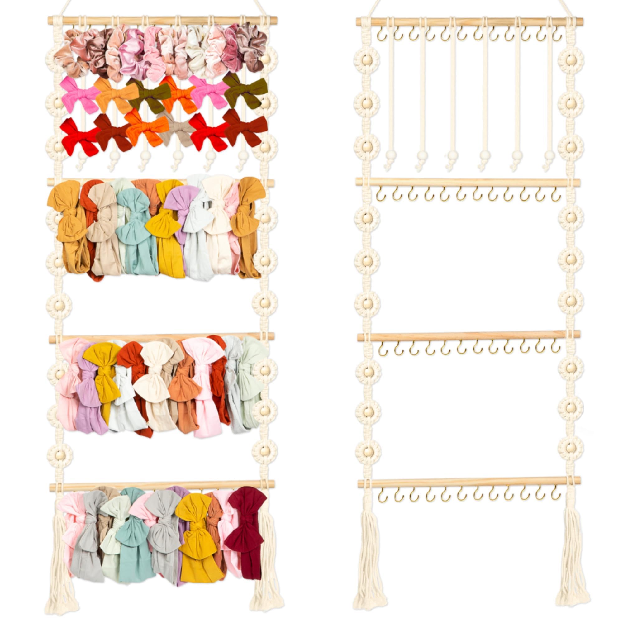 Sunlit Market headband holder macrame with wooden stick organizes bows neatly and stylishly.