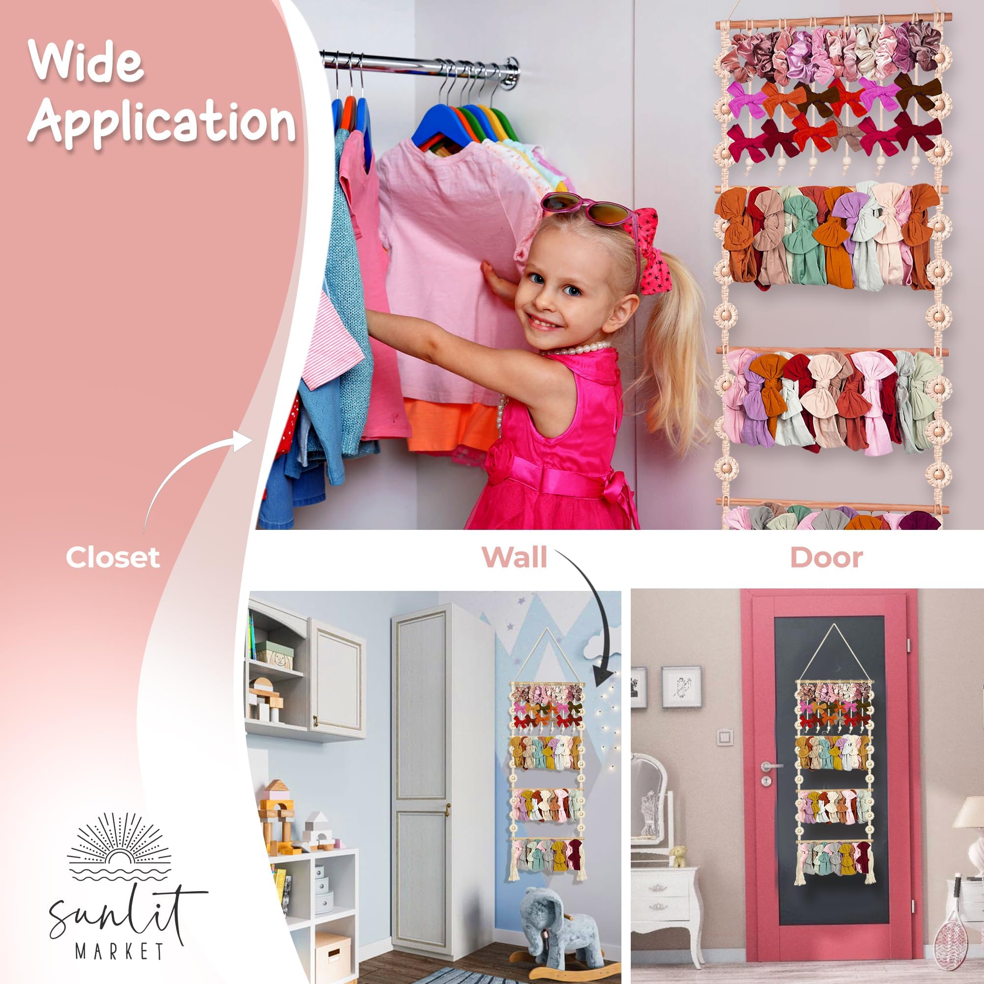 Sunlit Market nursery decor macrame bow organizer enhances space-saving storage.