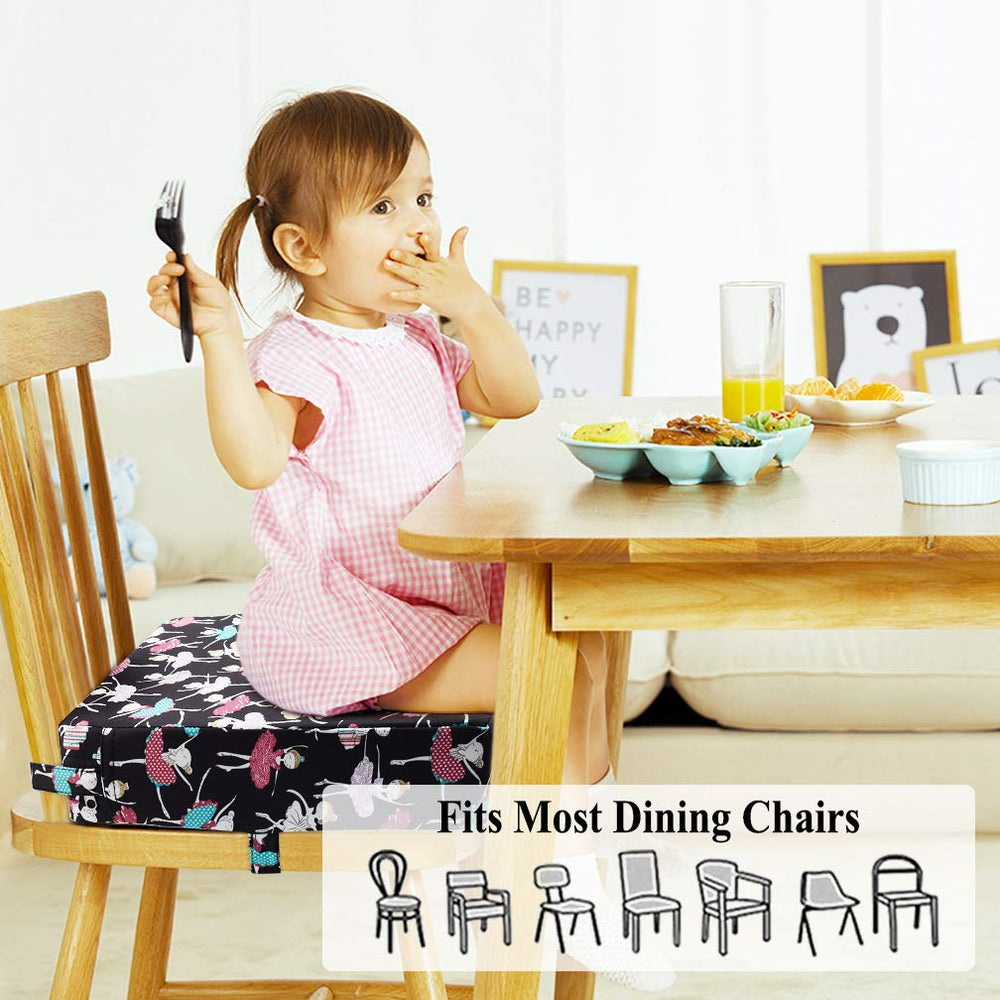 Sunmall Dance Girl booster seat on a standard dining chair demonstrates versatile fit.