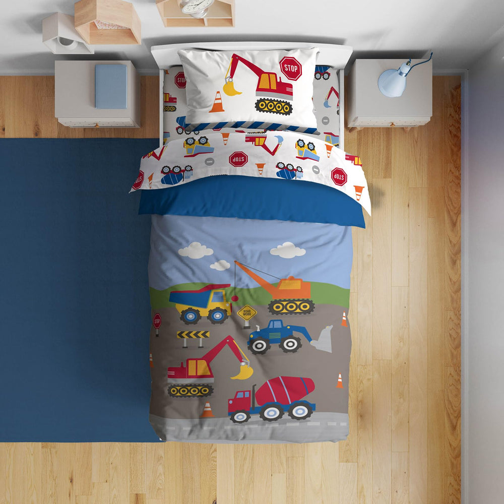 Sunny Side Up construction zone comforter closeup showing soft microfiber for cozy nights