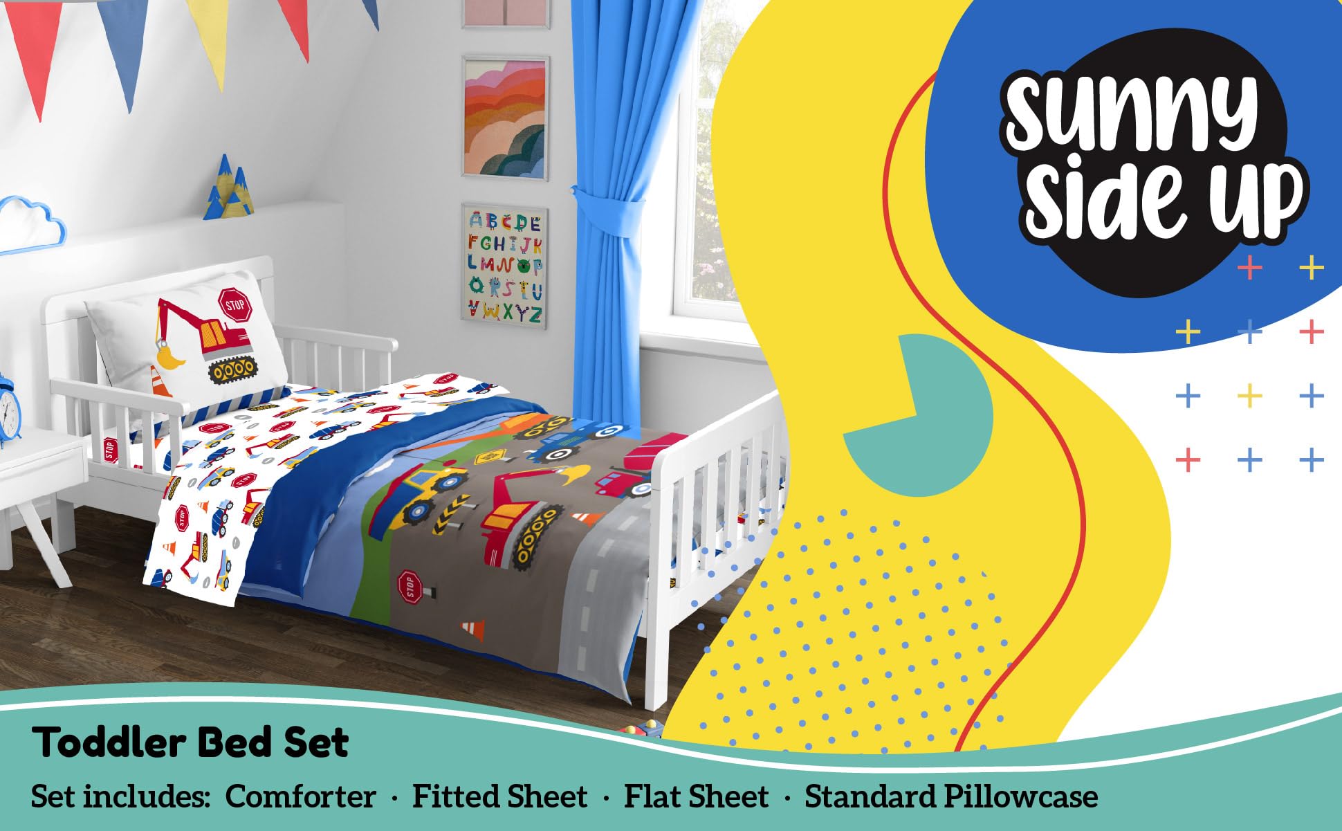 Sunny Side Up construction zone fitted sheet highlighting breathable fabric and fit