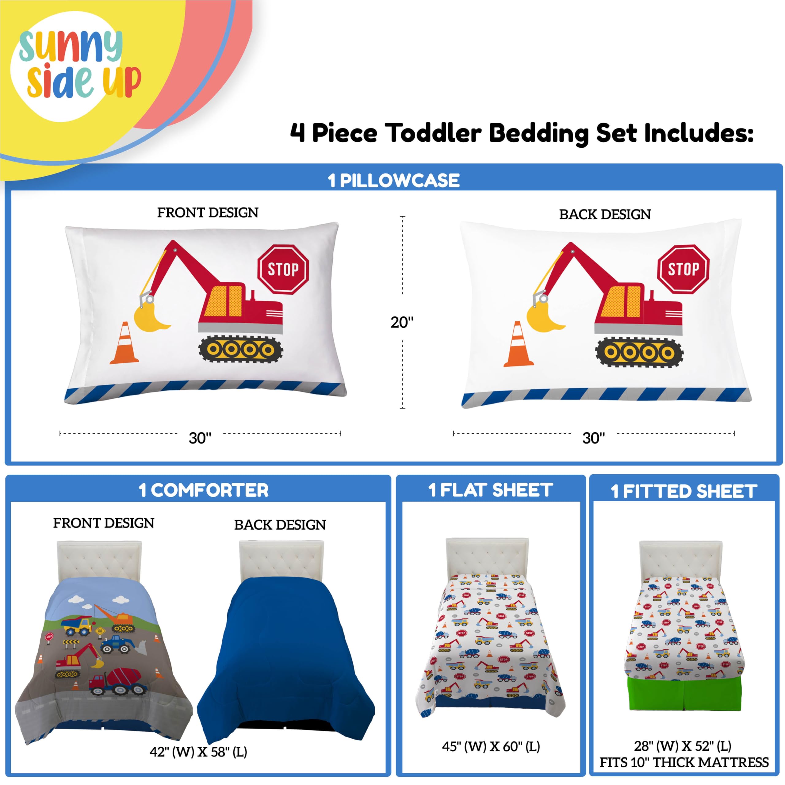 Sunny Side Up construction zone flat sheet detail with vibrant colors for bedtime