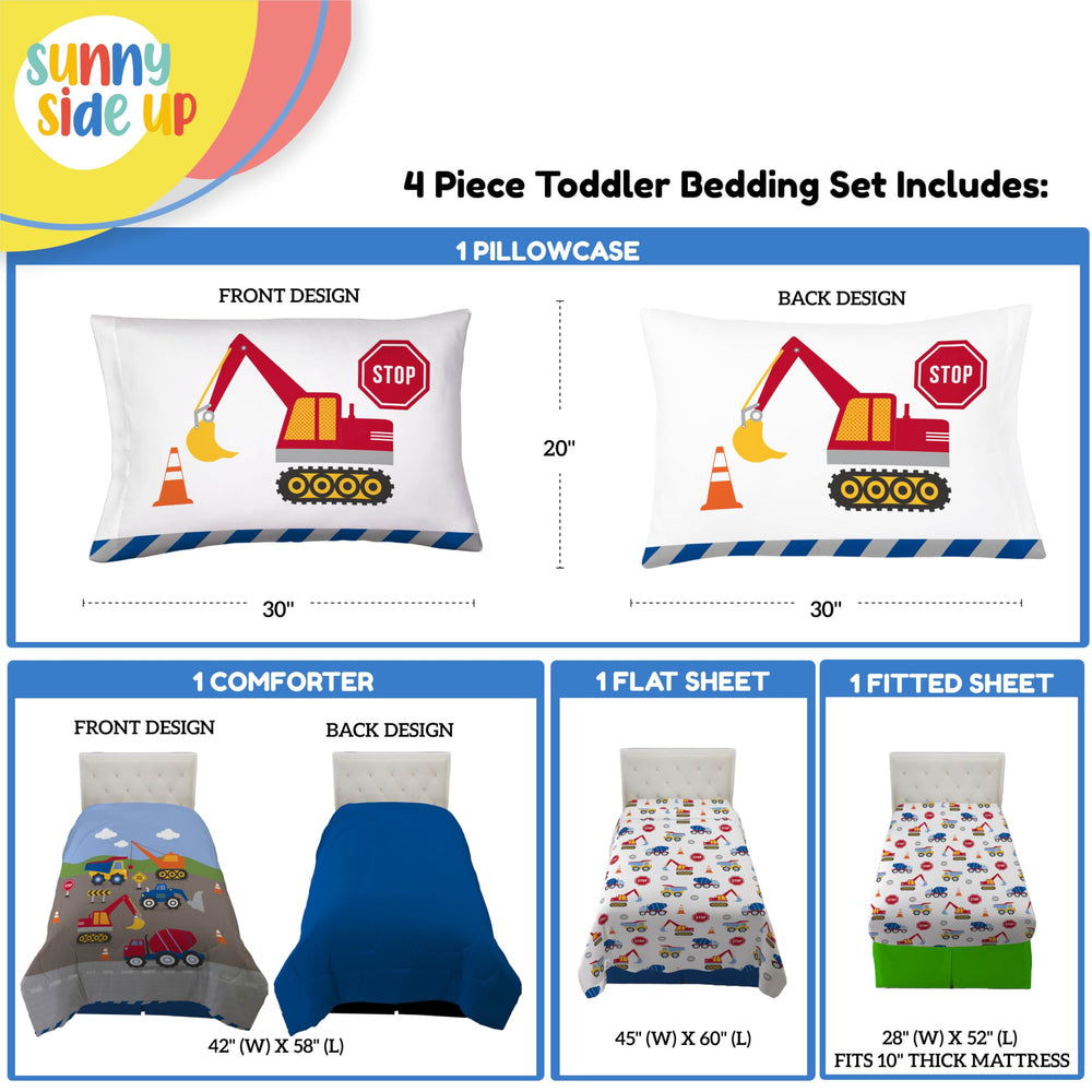 Sunny Side Up construction zone flat sheet detail with vibrant colors for bedtime