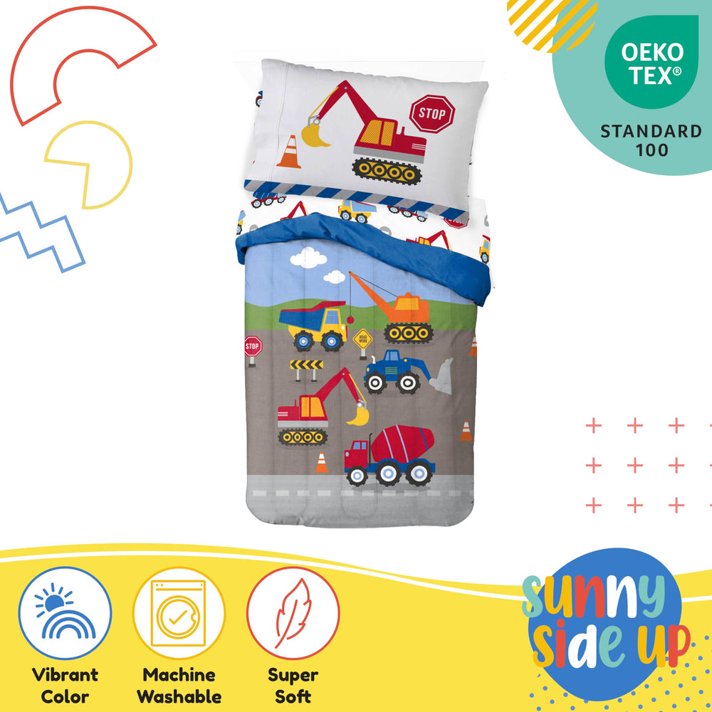 Sunny Side Up construction zone pillowcase featuring playful design and easy care