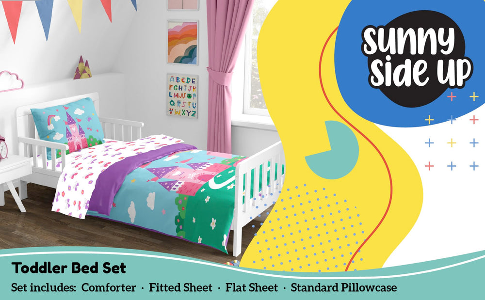 Sunny Side Up Magic Castle fitted sheet close-up shows breathable microfiber comfort