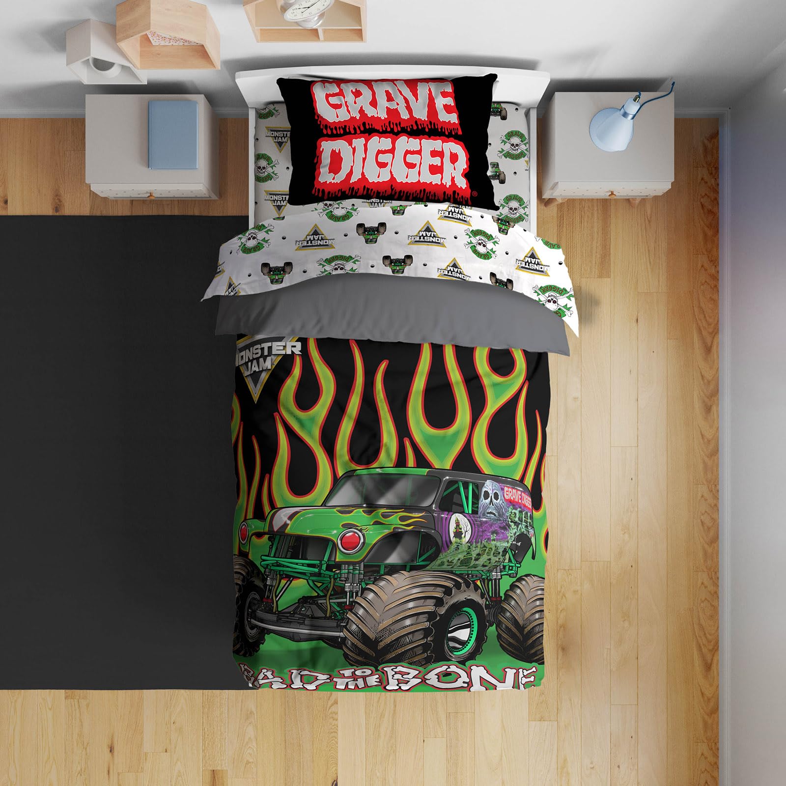 Sunny Side Up Monster Jam comforter with Grave Digger design offers cozy bedtime.