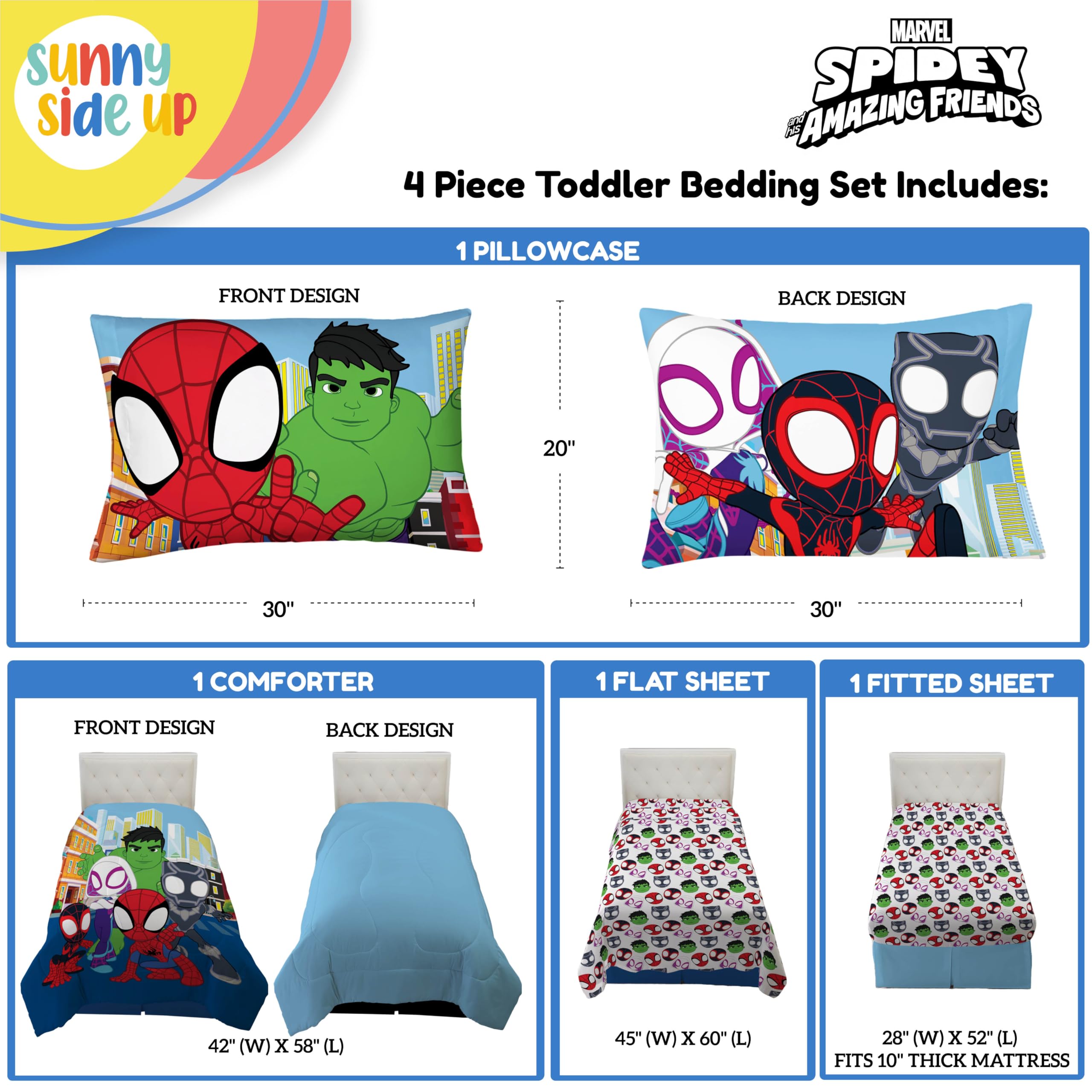 Sunny Side Up Spidey bedding contents laid out for easy setup.