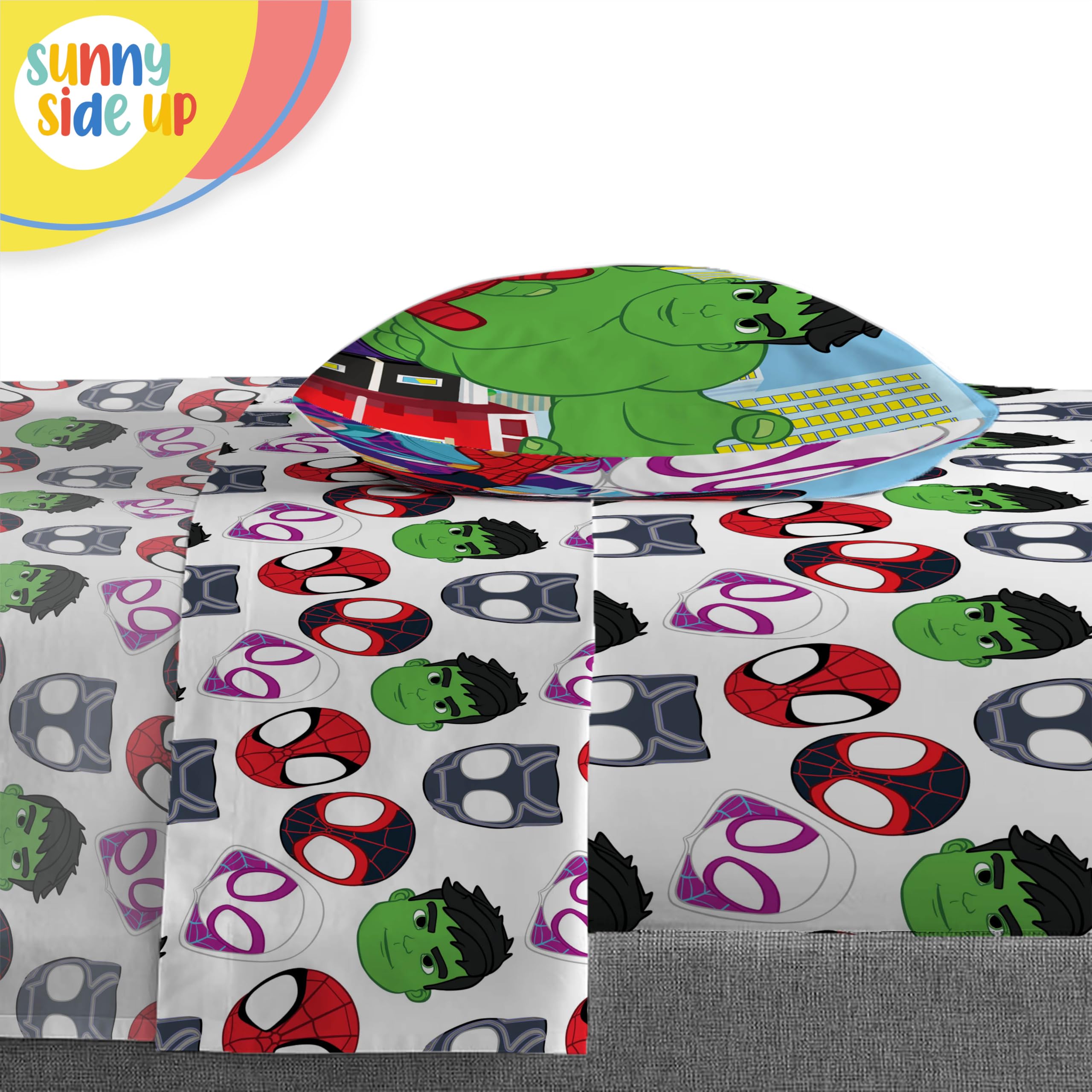 Sunny Side Up Spidey characters on fabric stimulate nighttime imagination.
