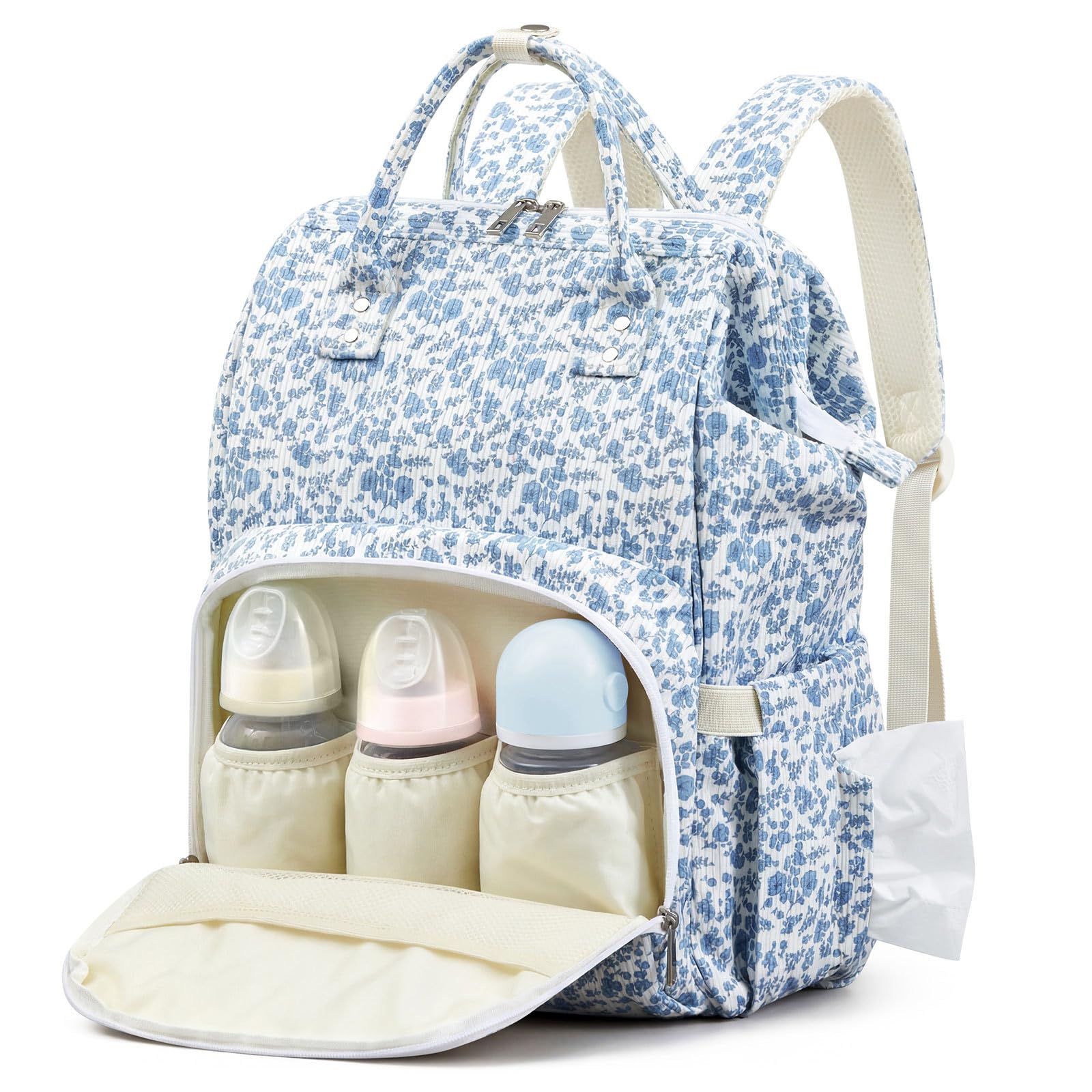 Sunnymove corduroy blue floral diaper bag with front pockets for quick-access items