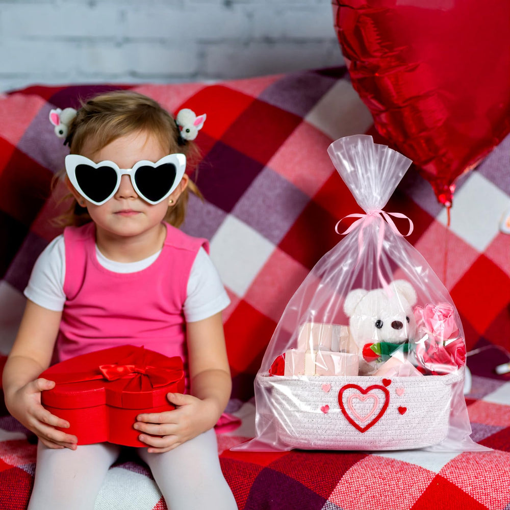 Sunnymove Valentine party setup with white woven texture and heart motif.