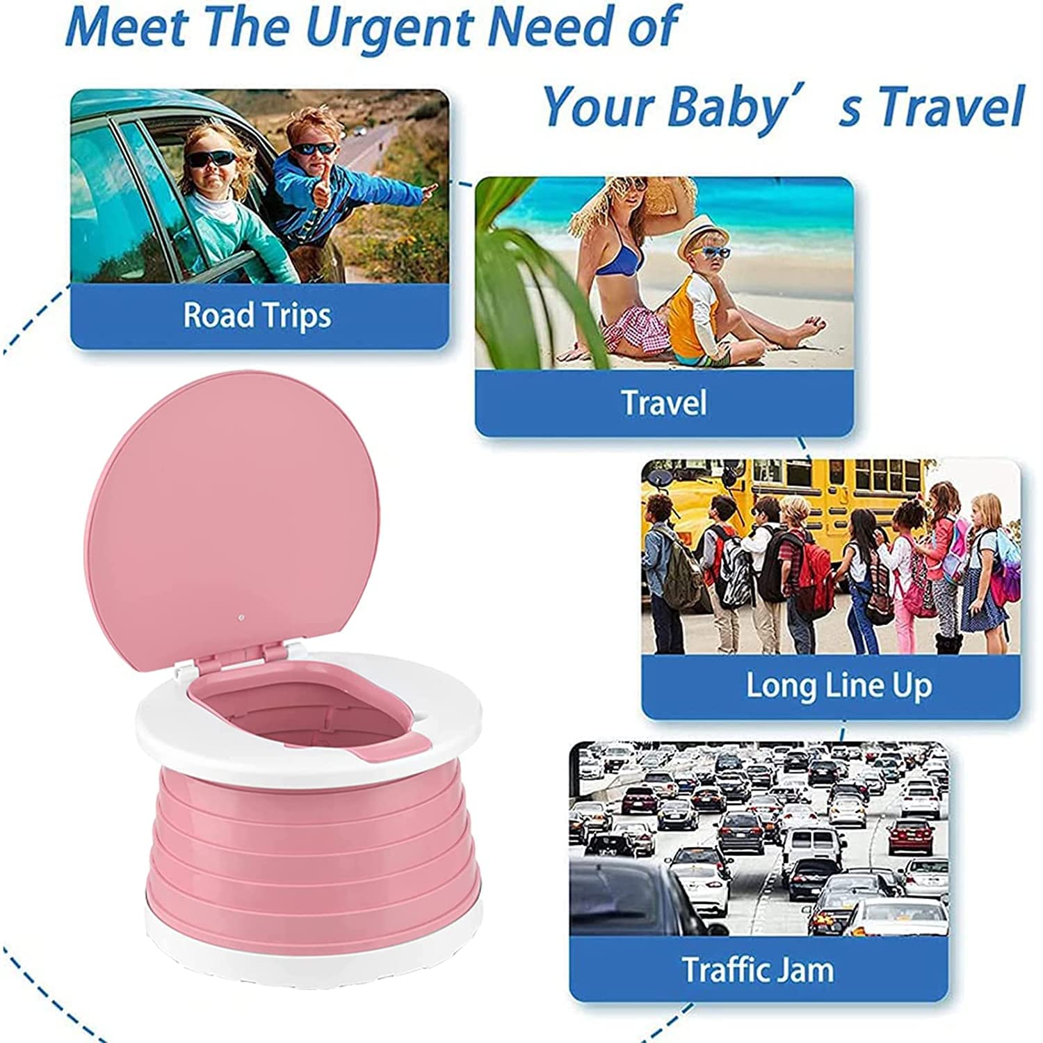 SunnySmile folded potty fits travel bag for compact storage on trips.