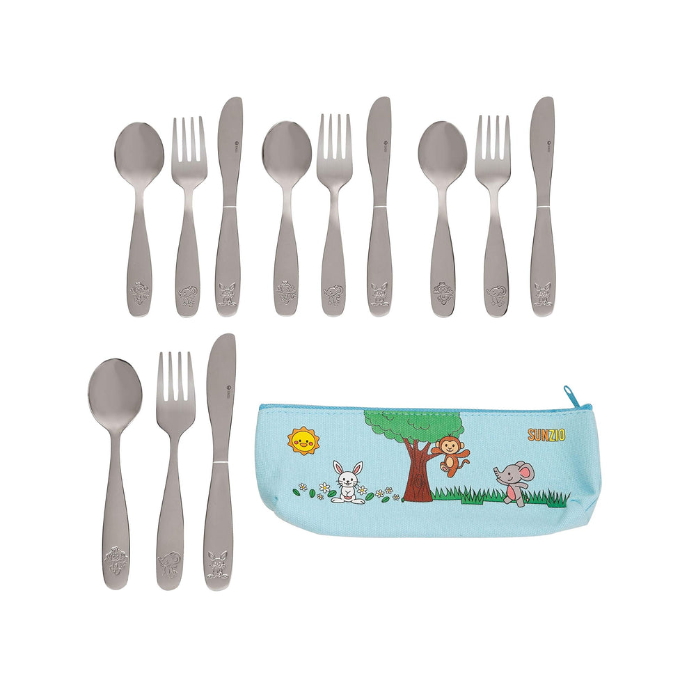 SunZio Kids silverware set with travel pouch, portable for meals on the go.
