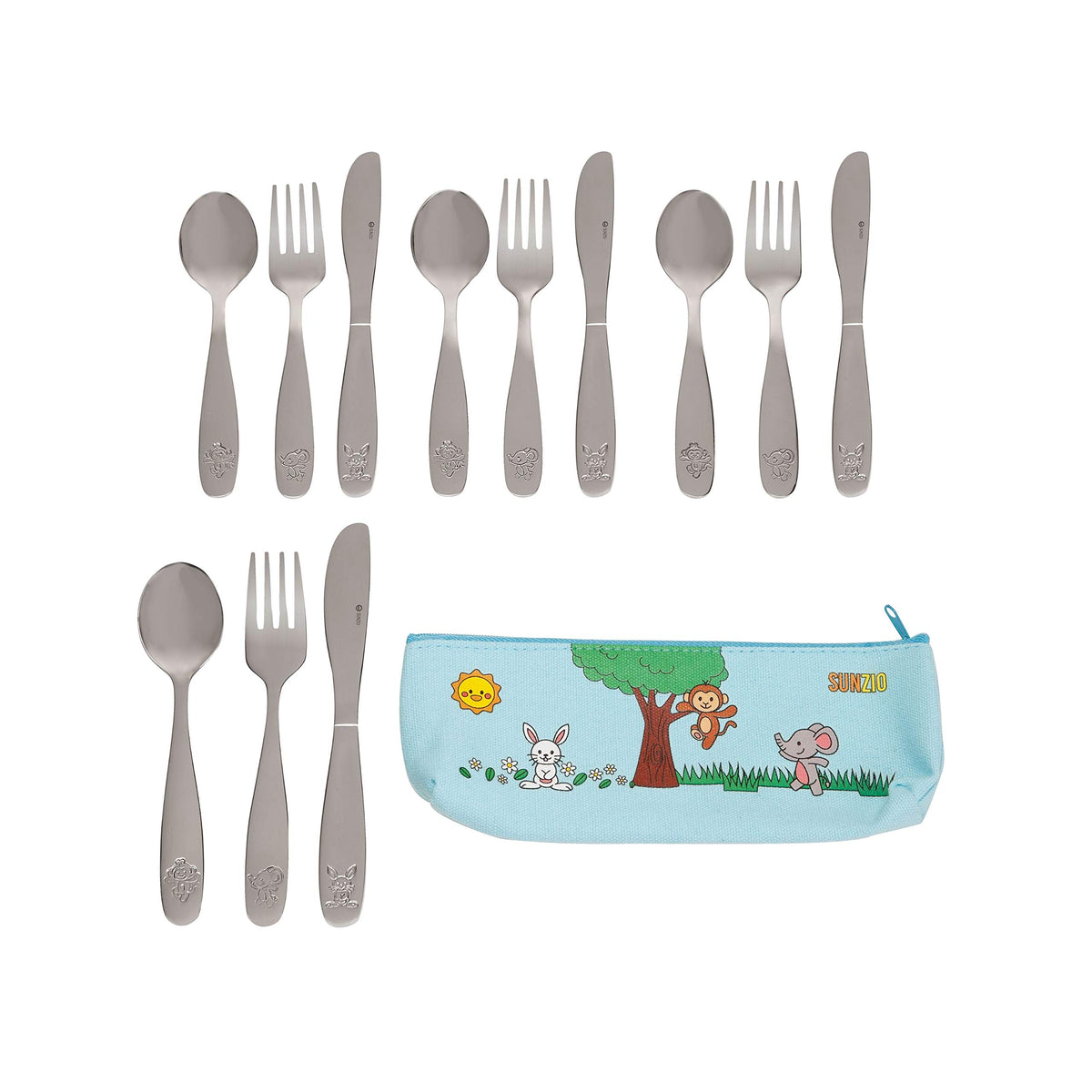 SunZio Kids silverware set with travel pouch, portable for meals on the go.