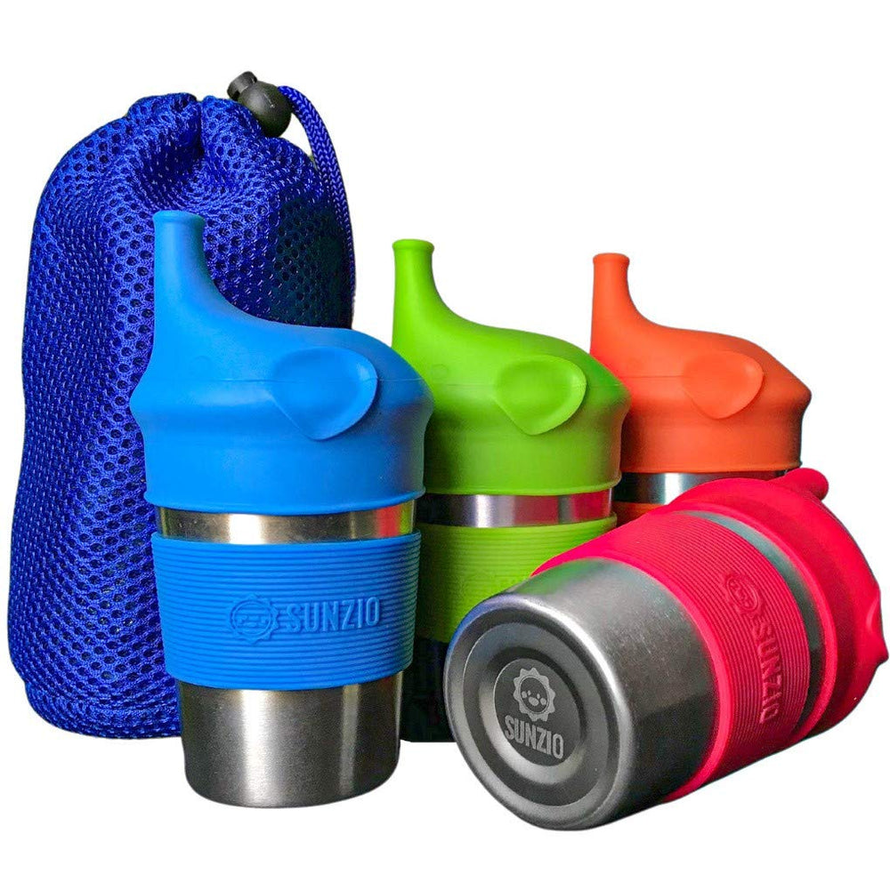 SUNZIO four-pack sippy cups with 10 oz stainless steel bodies for mess-free sipping.