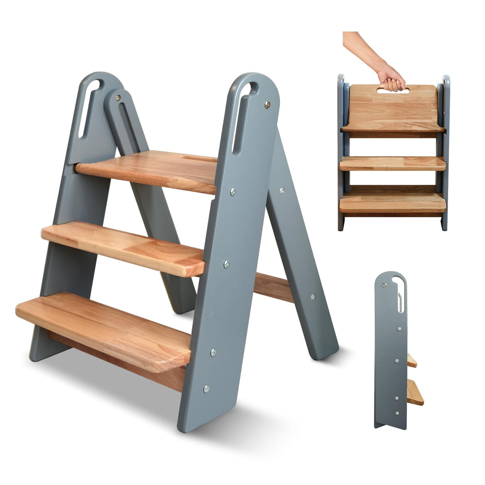 Suihuooo step stool folded in grey for compact storage and easy stowaway.