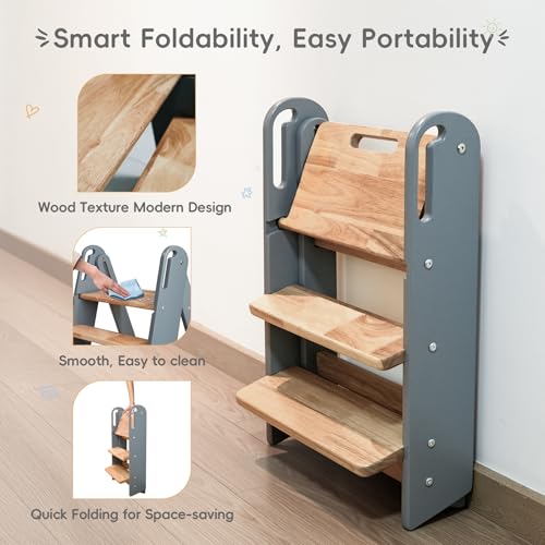 Suihuooo grey wooden stool highlighting solid wood durability and easy cleaning.