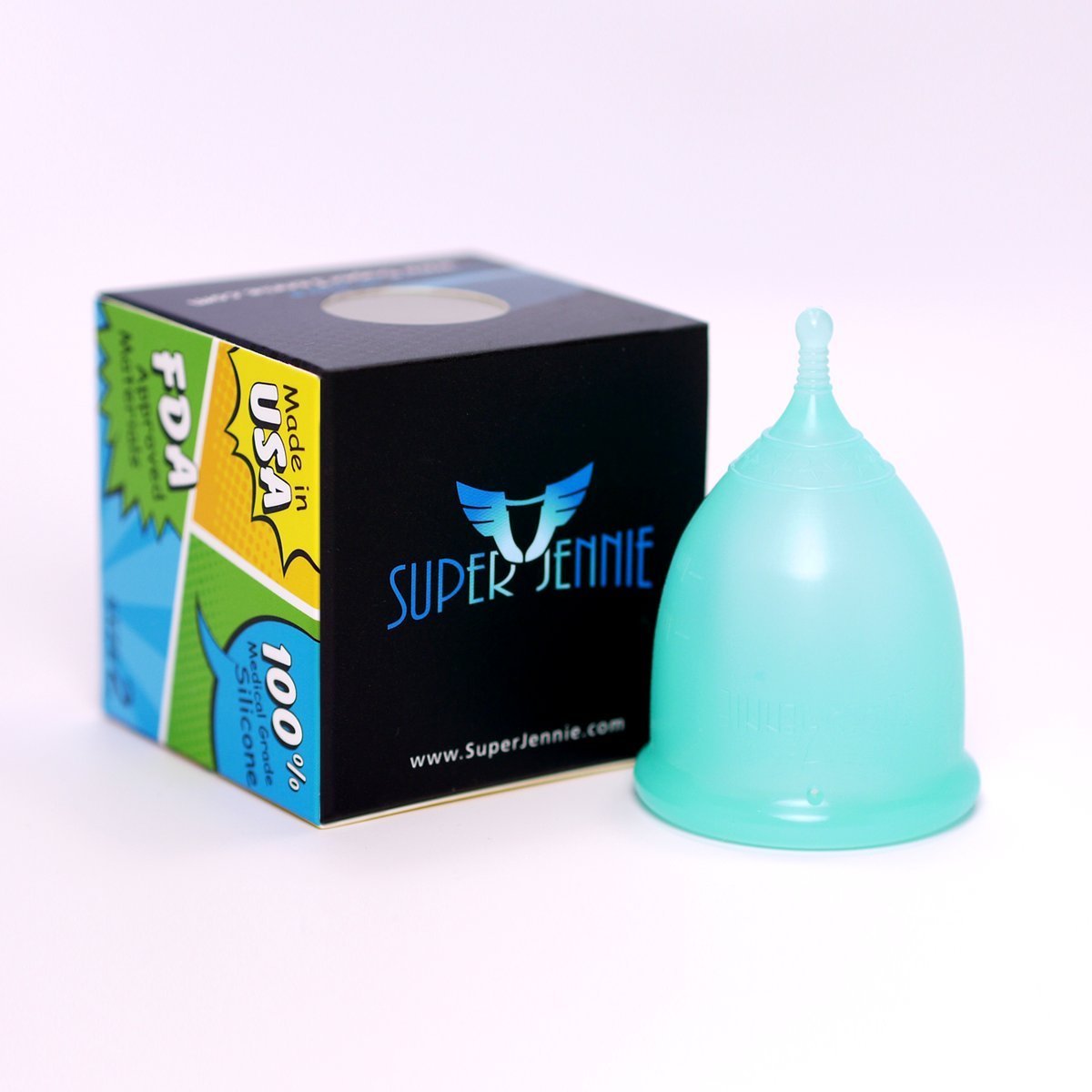 Super Jennie menstrual cup large teal close-up, showcasing soft silicone for comfortable wear.