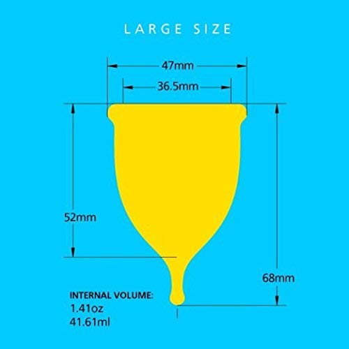 Super Jennie large teal menstrual cup in use, ideal for heavy flow with minimal leaks.