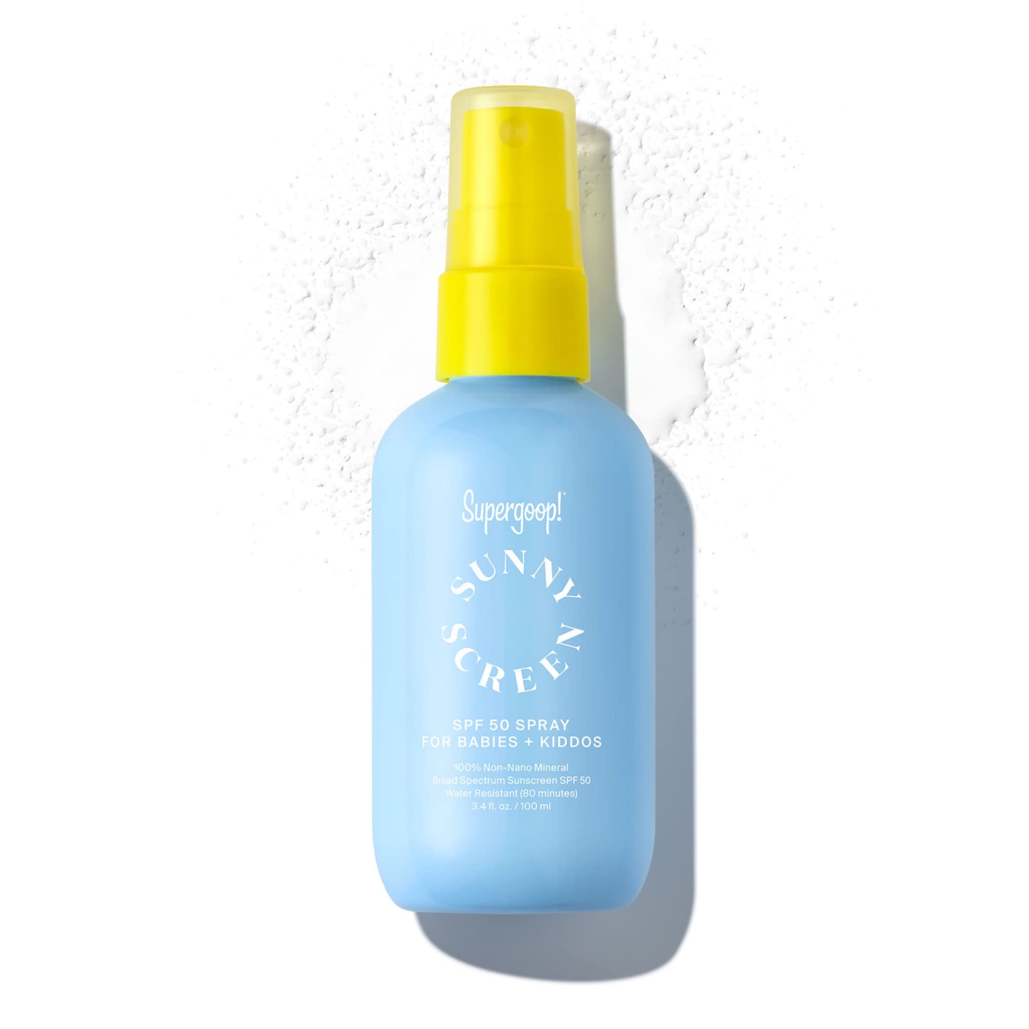 Supergoop Sunnyscreen spray-on bottle for face and body with SPF 50 protection.