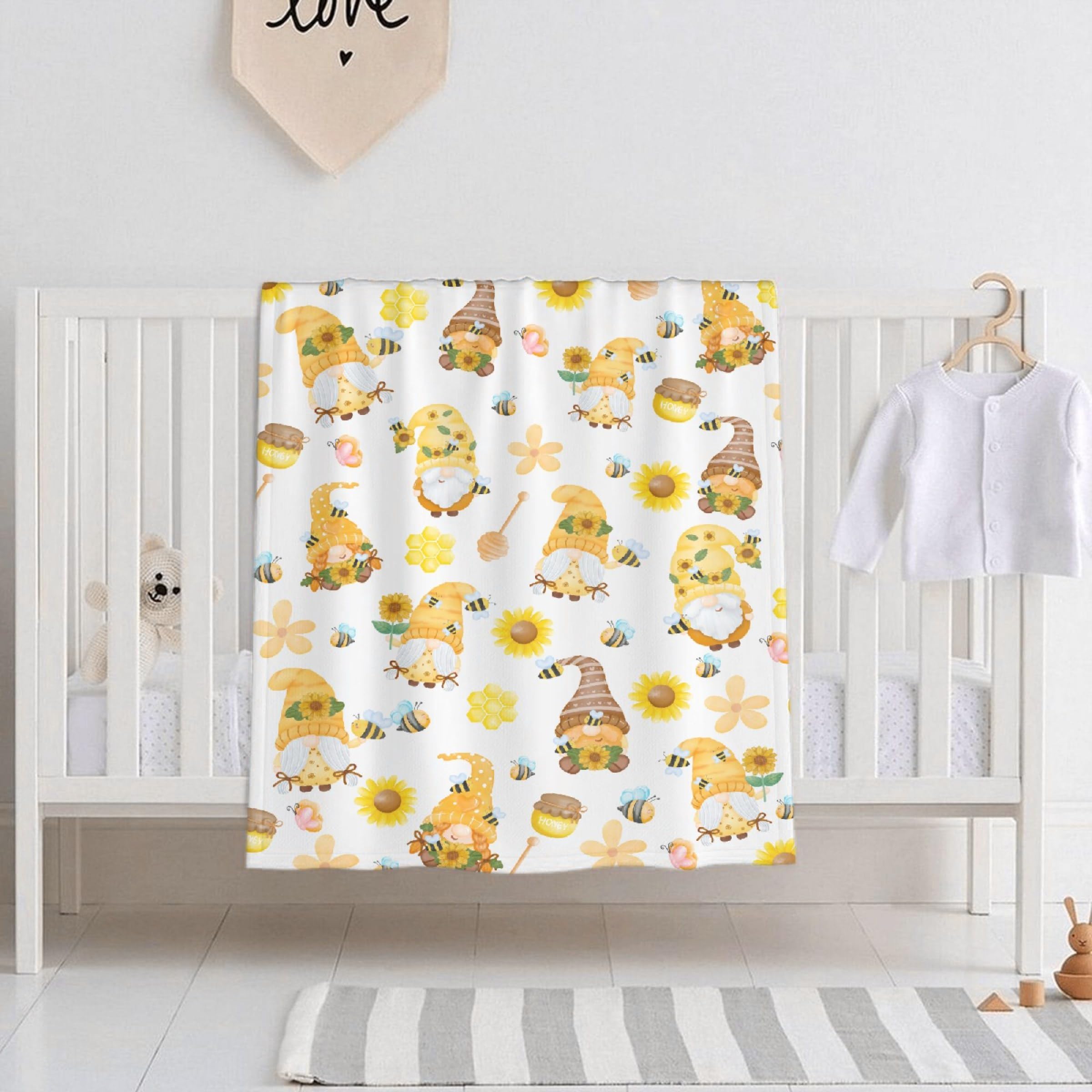 SUPERICH Gnome Bee blanket spread on sofa for cozy family movie night.