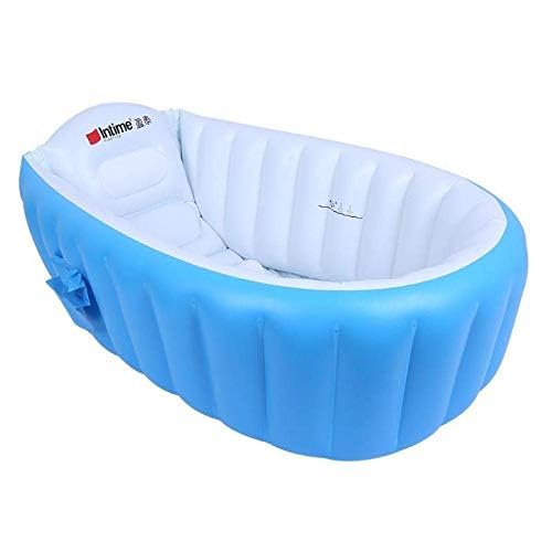SuperLi blue bathtub shows water level marker for easy filling.
