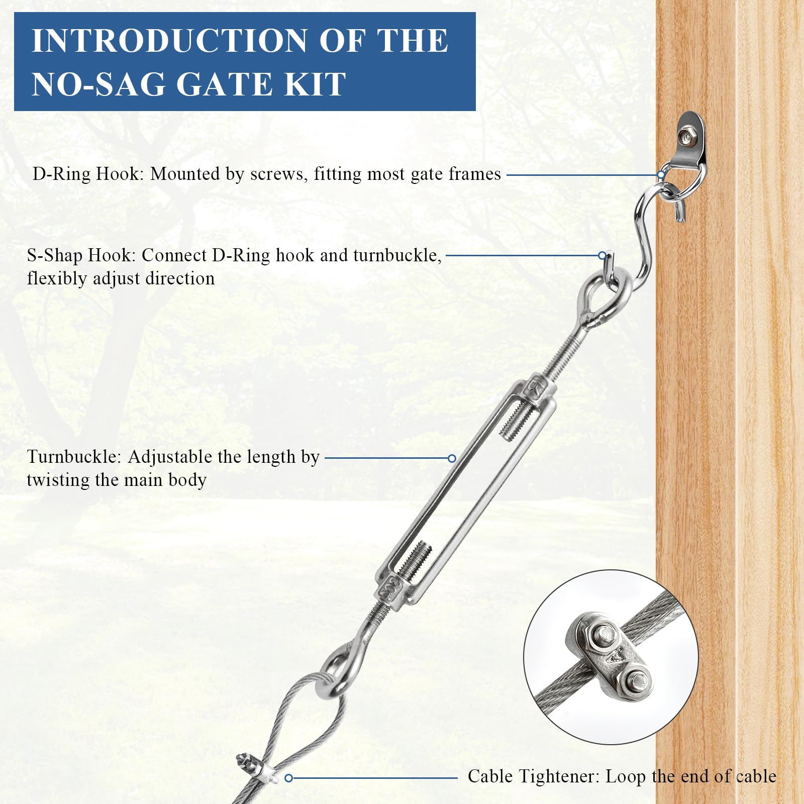 Supkiir turnbuckle and D-ring set for precise gate adjustment.